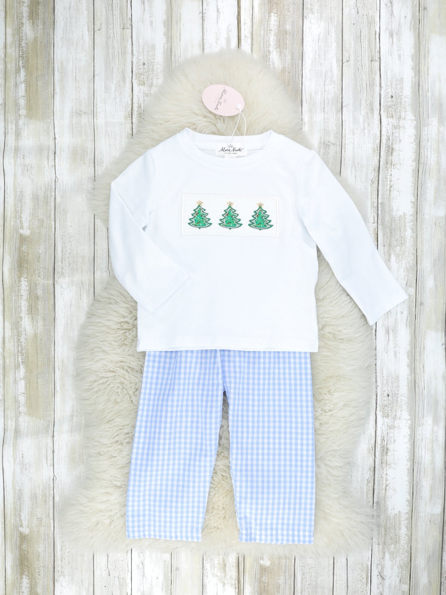 Blue Gingham Christmas Tree Smocked Outfit - Marie Nicole Clothing