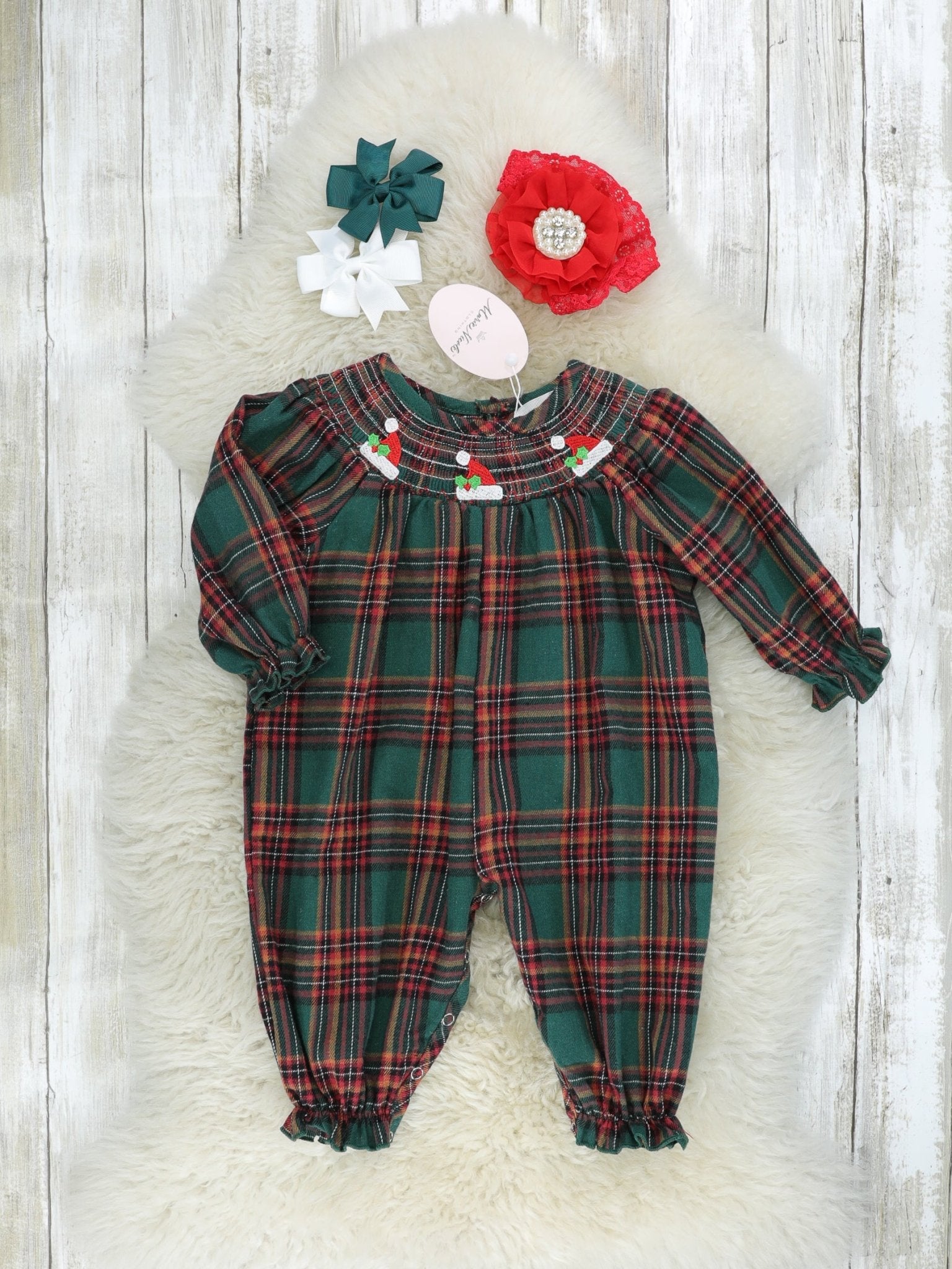 Hunter Green Smocked Plaid Santa Hat Romper - Marie Nicole Clothing