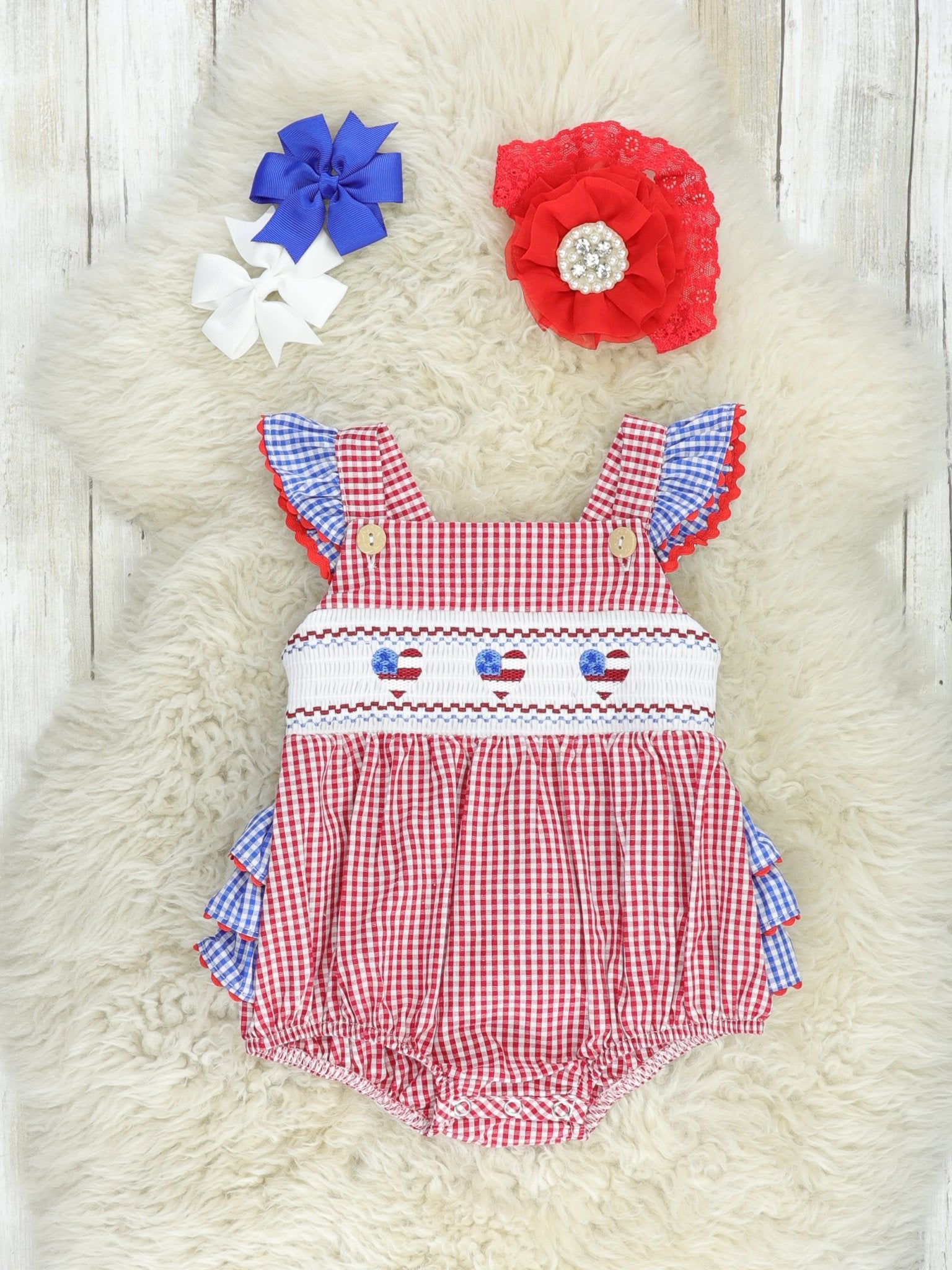 Red Gingham American Heart Smocked Bubble Romper - Marie Nicole Clothing