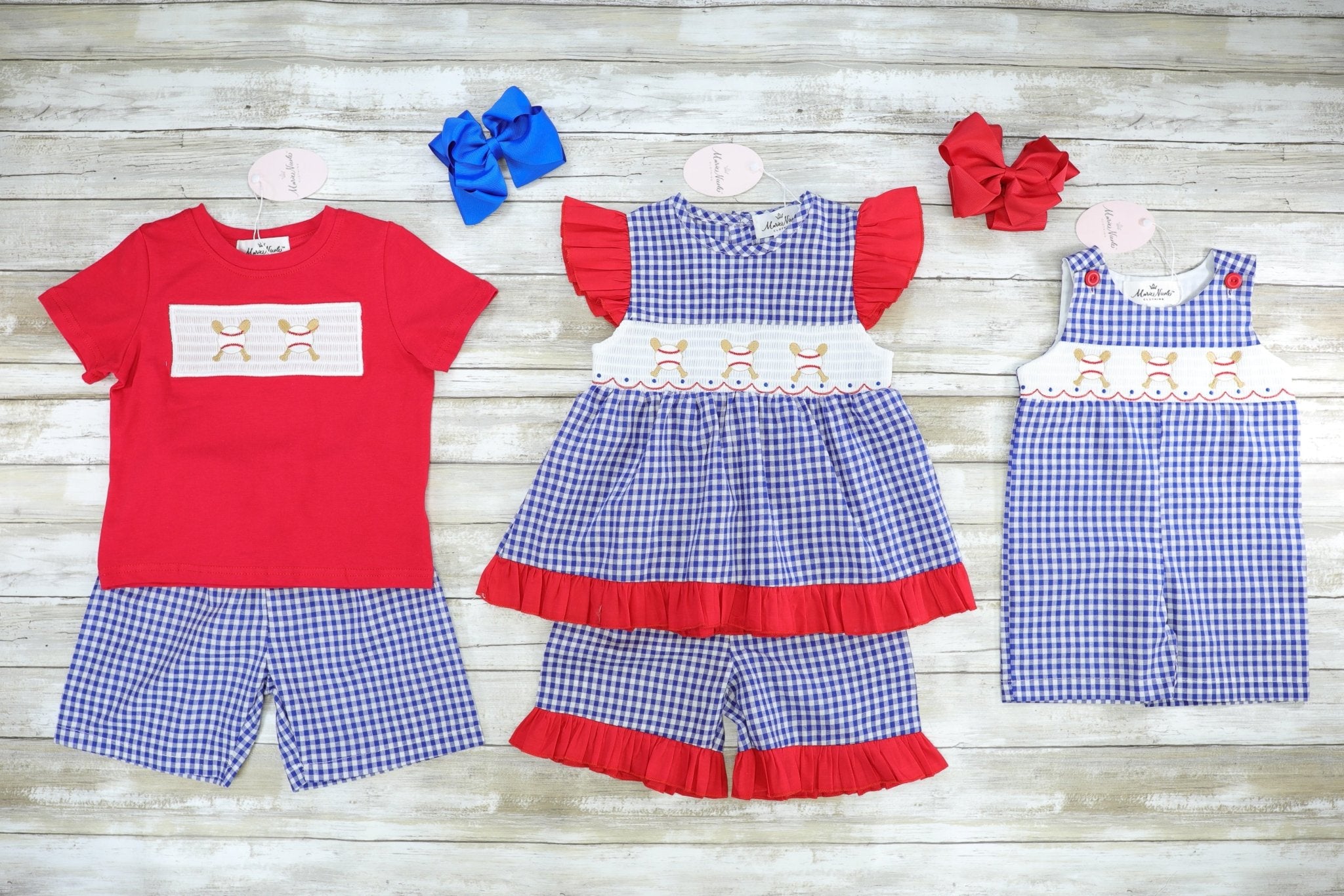 Baseball Blue Check Smocked Johnny - Marie Nicole Clothing