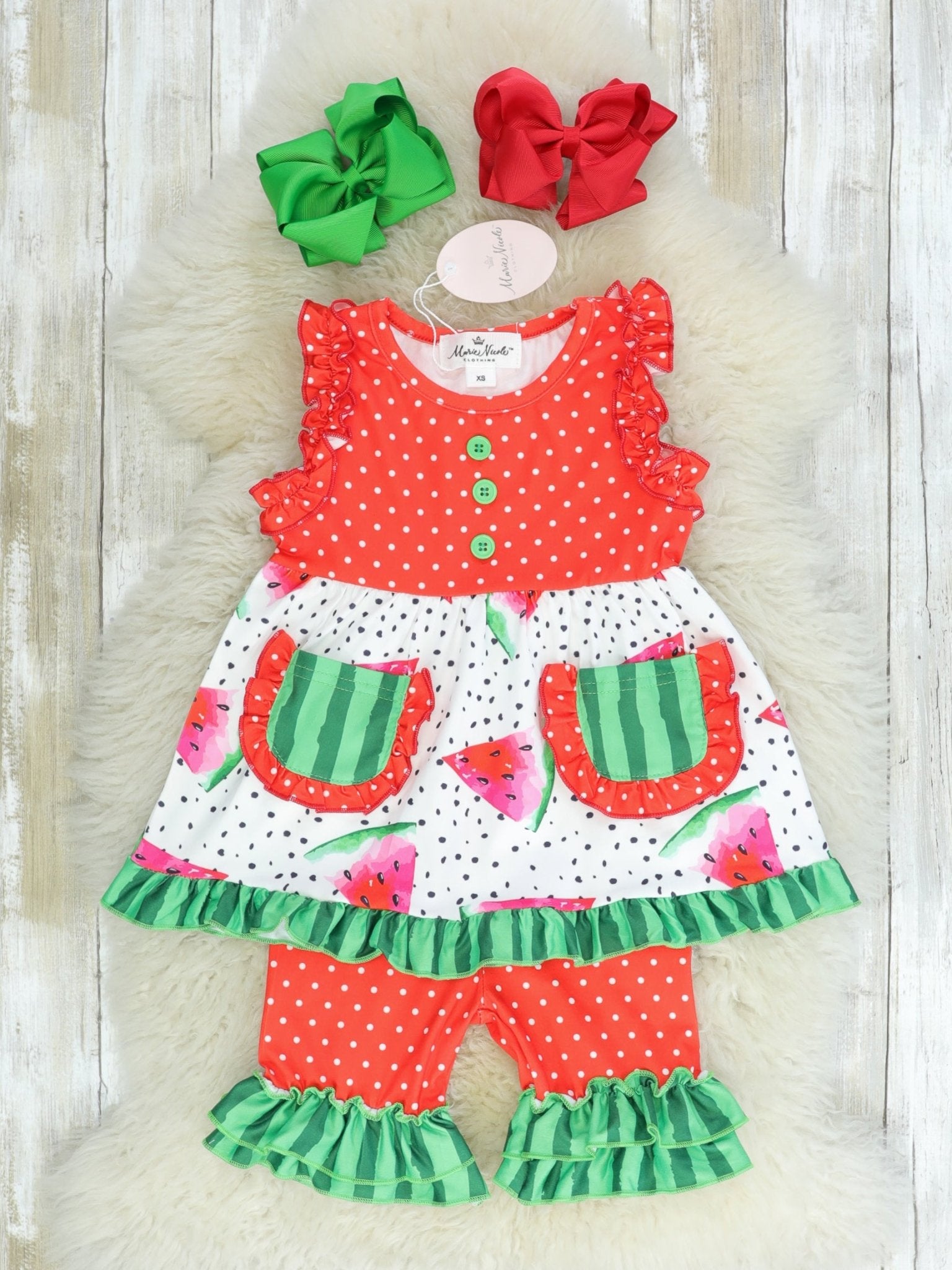 Watermelon Polka Dot Ruffle Shorts Outfit - Marie Nicole Clothing