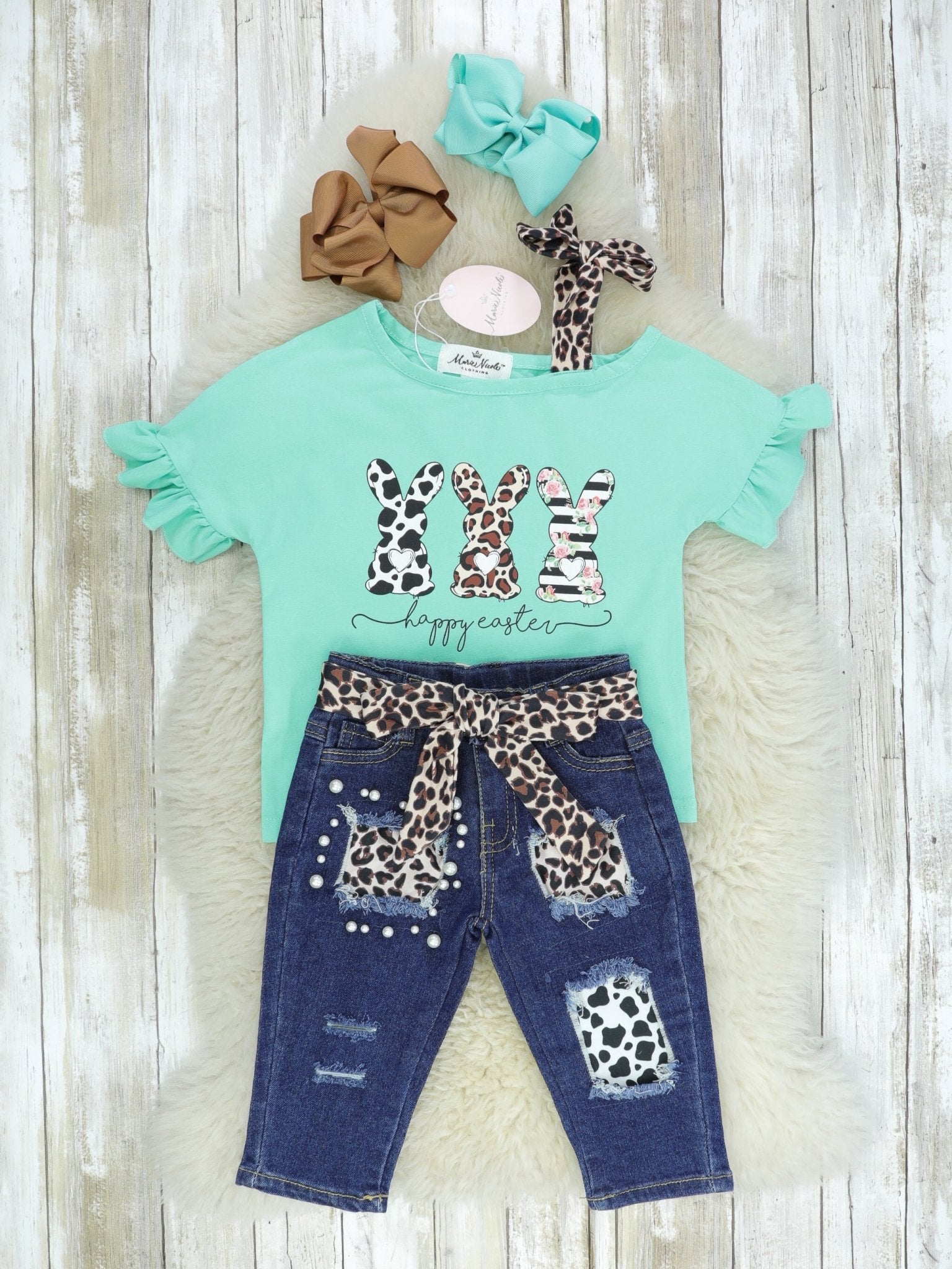 Mint Leopard Bunnies Ruffle Denim Outfit - Marie Nicole Clothing