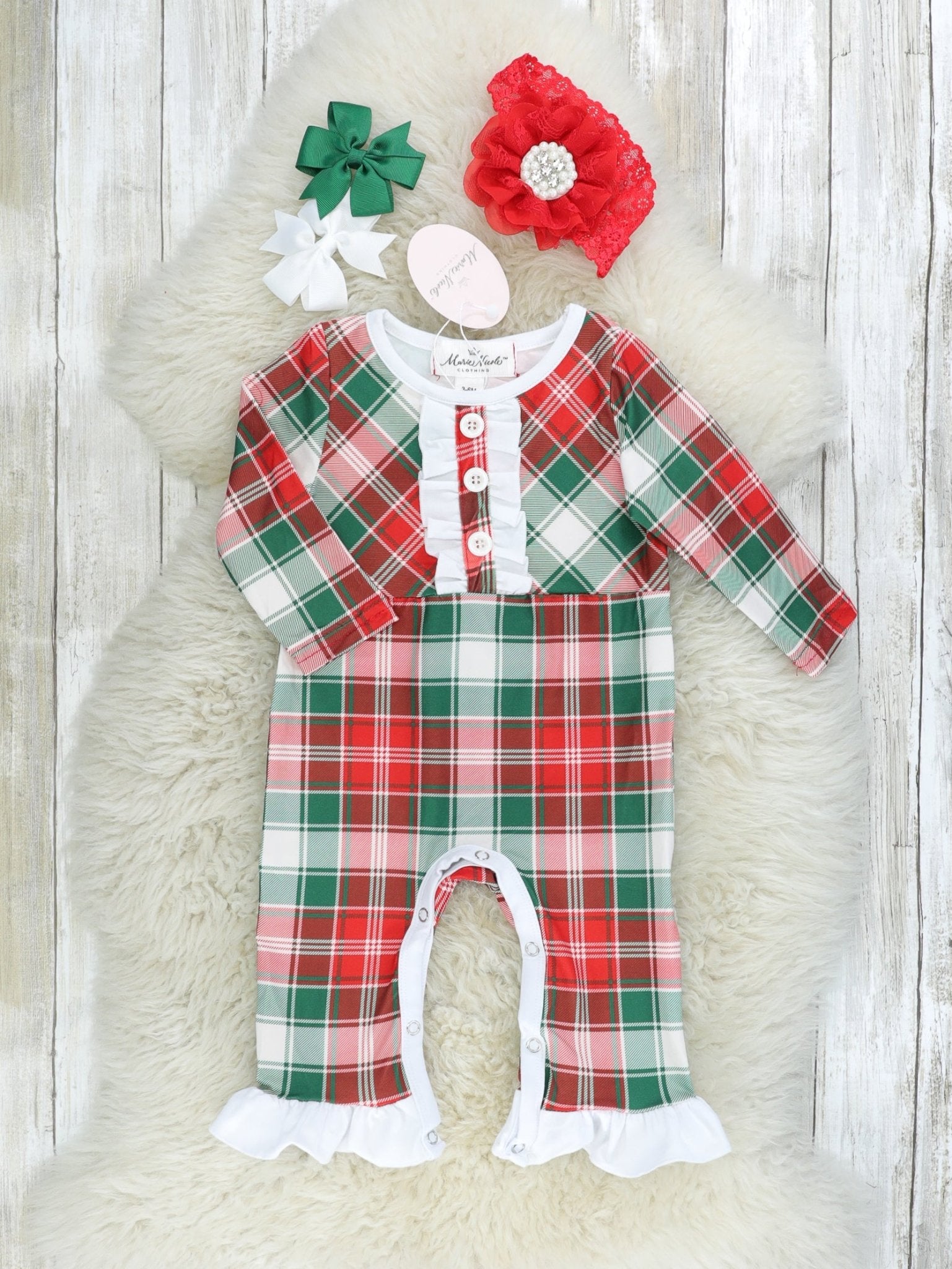 Red & Green Plaid Ruffle Romper - Marie Nicole Clothing