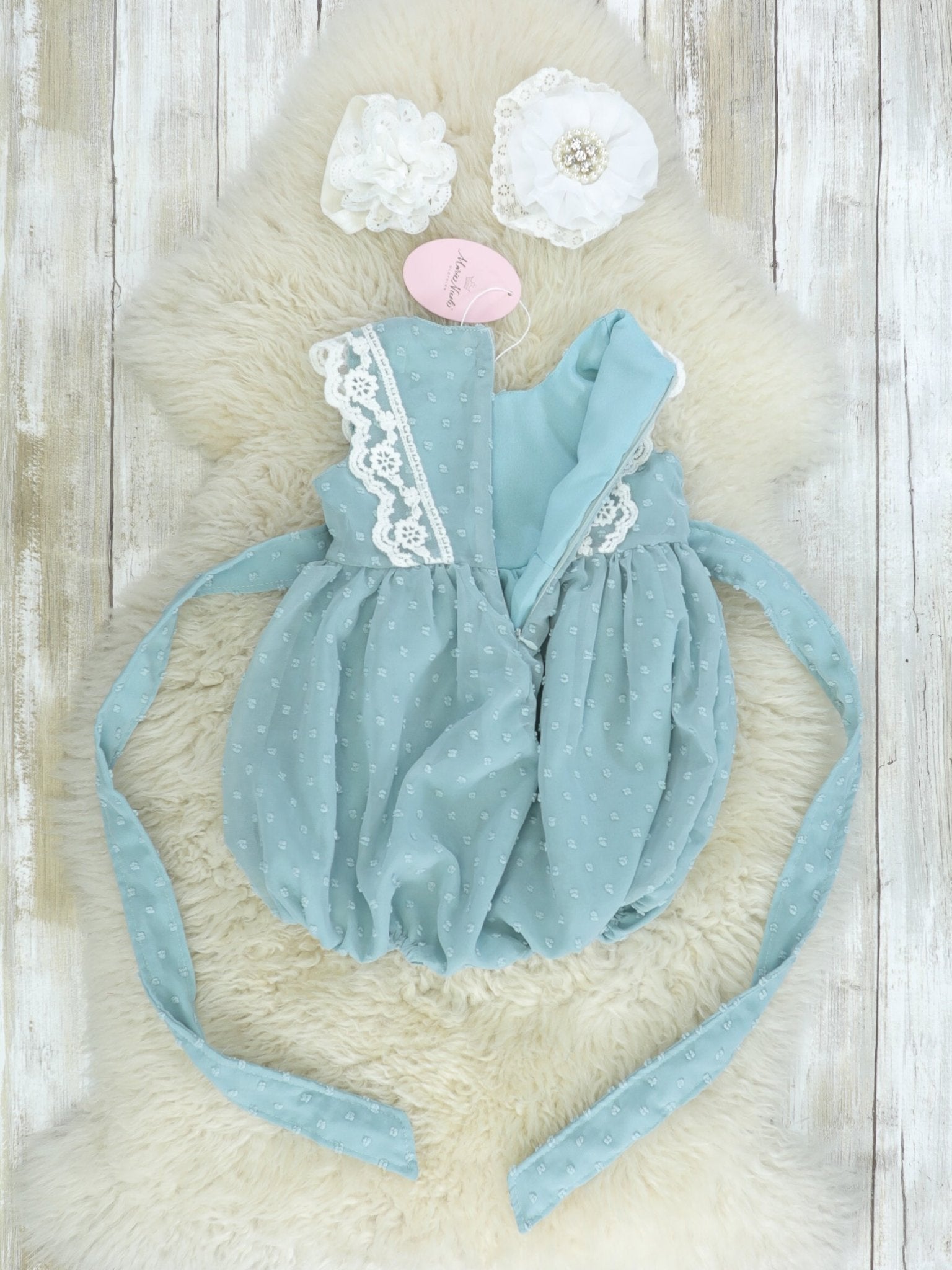 Ash Blue Lace Swiss Dot Bubble Romper - Marie Nicole Clothing