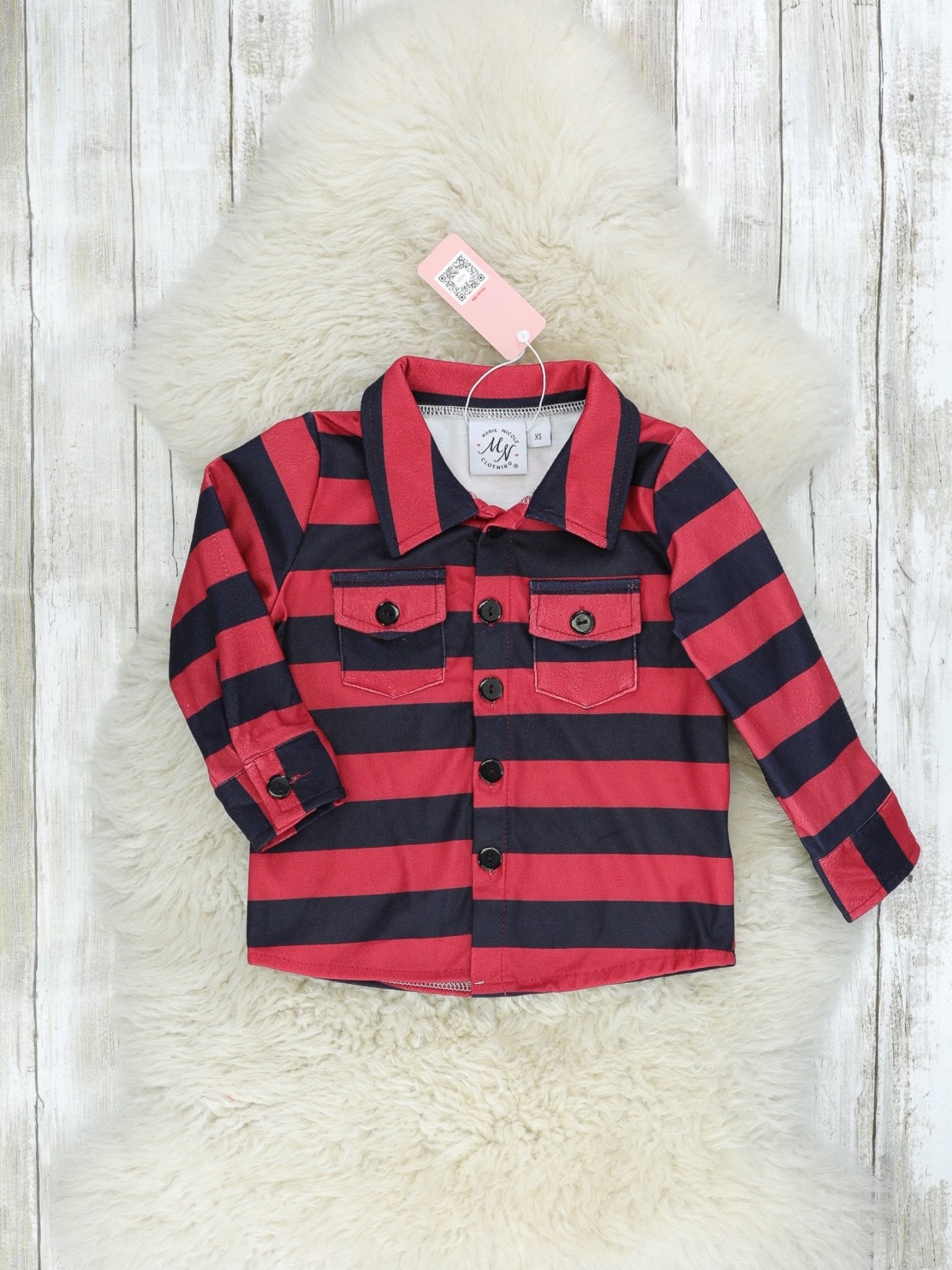 Red & Black Striped Pocket Button Up - Marie Nicole Clothing