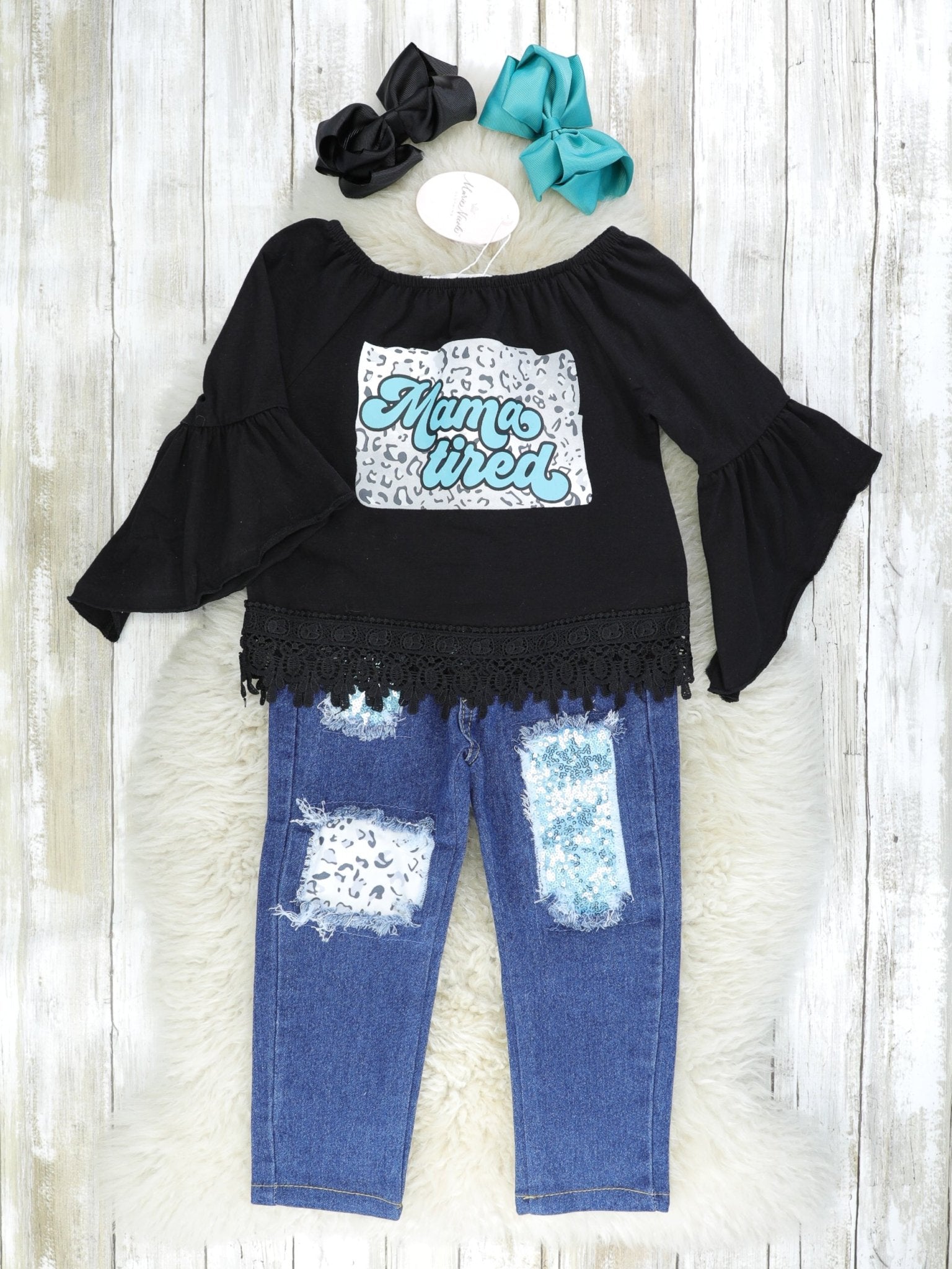 "Mama Tired" Top & Distressed Denim Outfit - Marie Nicole Clothing