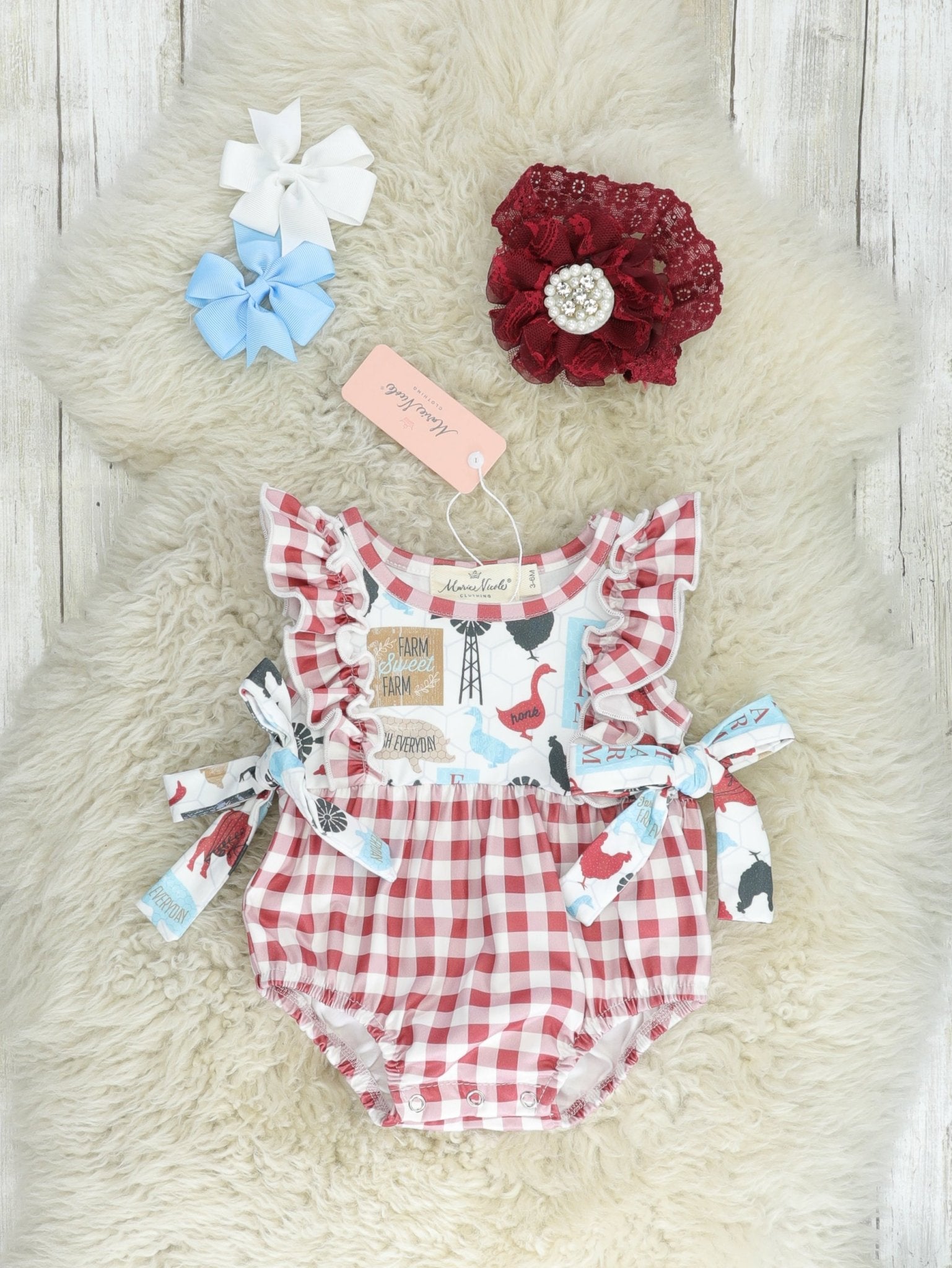 Red Gingham Farm Animal Bubble Romper - Marie Nicole Clothing