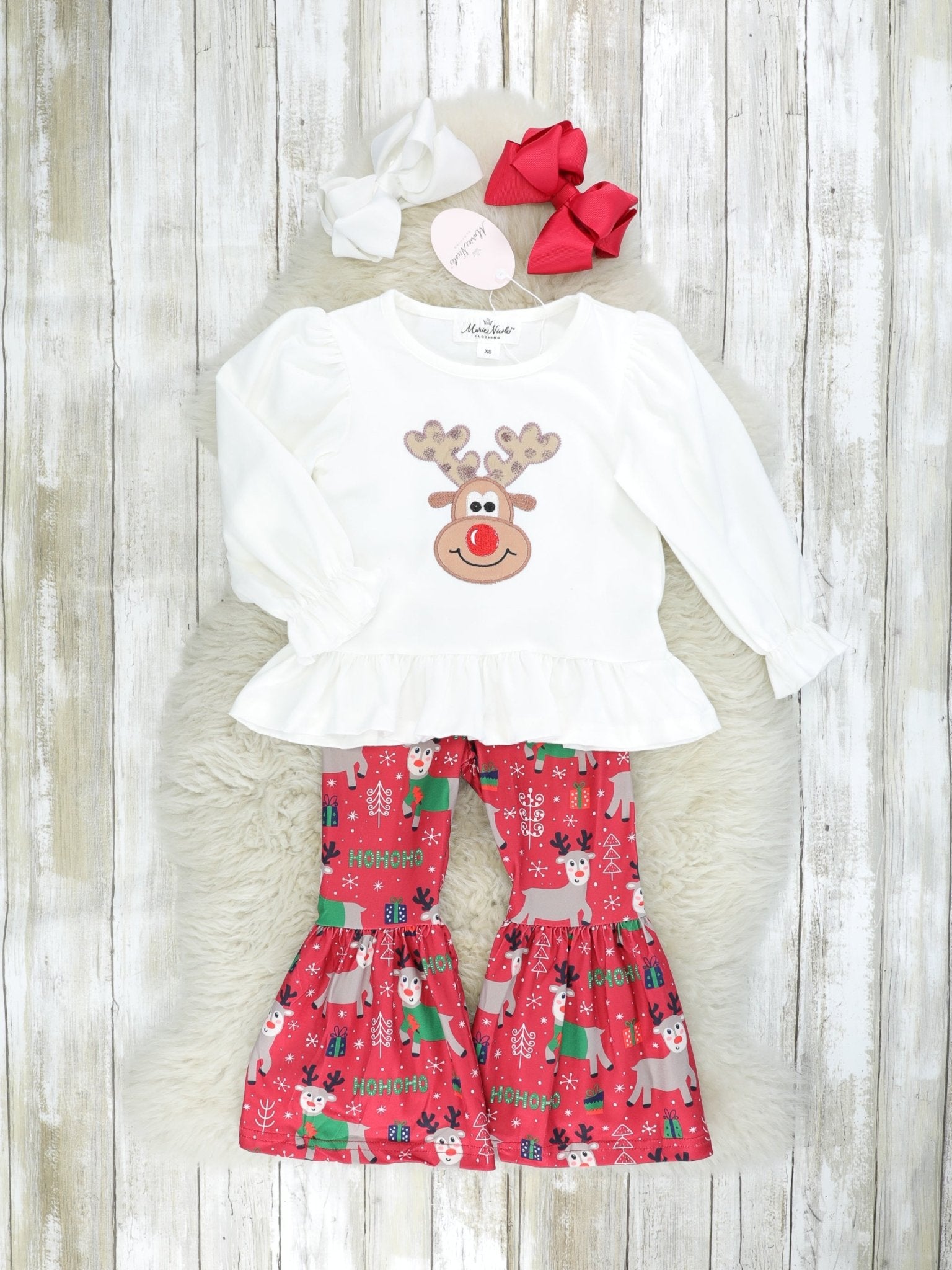 Reindeer Ruffle Top & Bell Bottoms Outfit - Marie Nicole Clothing