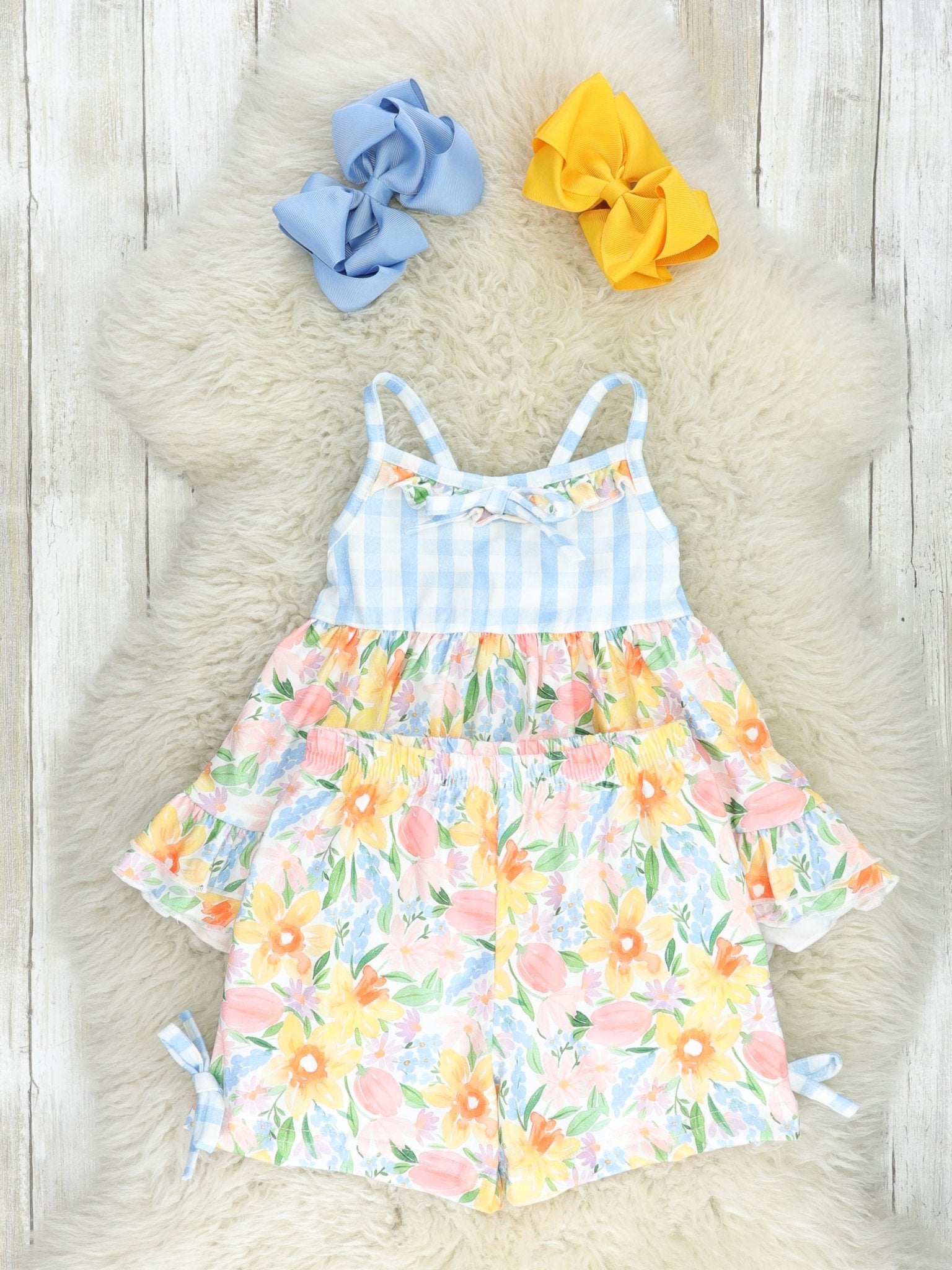 Blue Gingham & Yellow Floral Ruffle Outfit - Marie Nicole Clothing