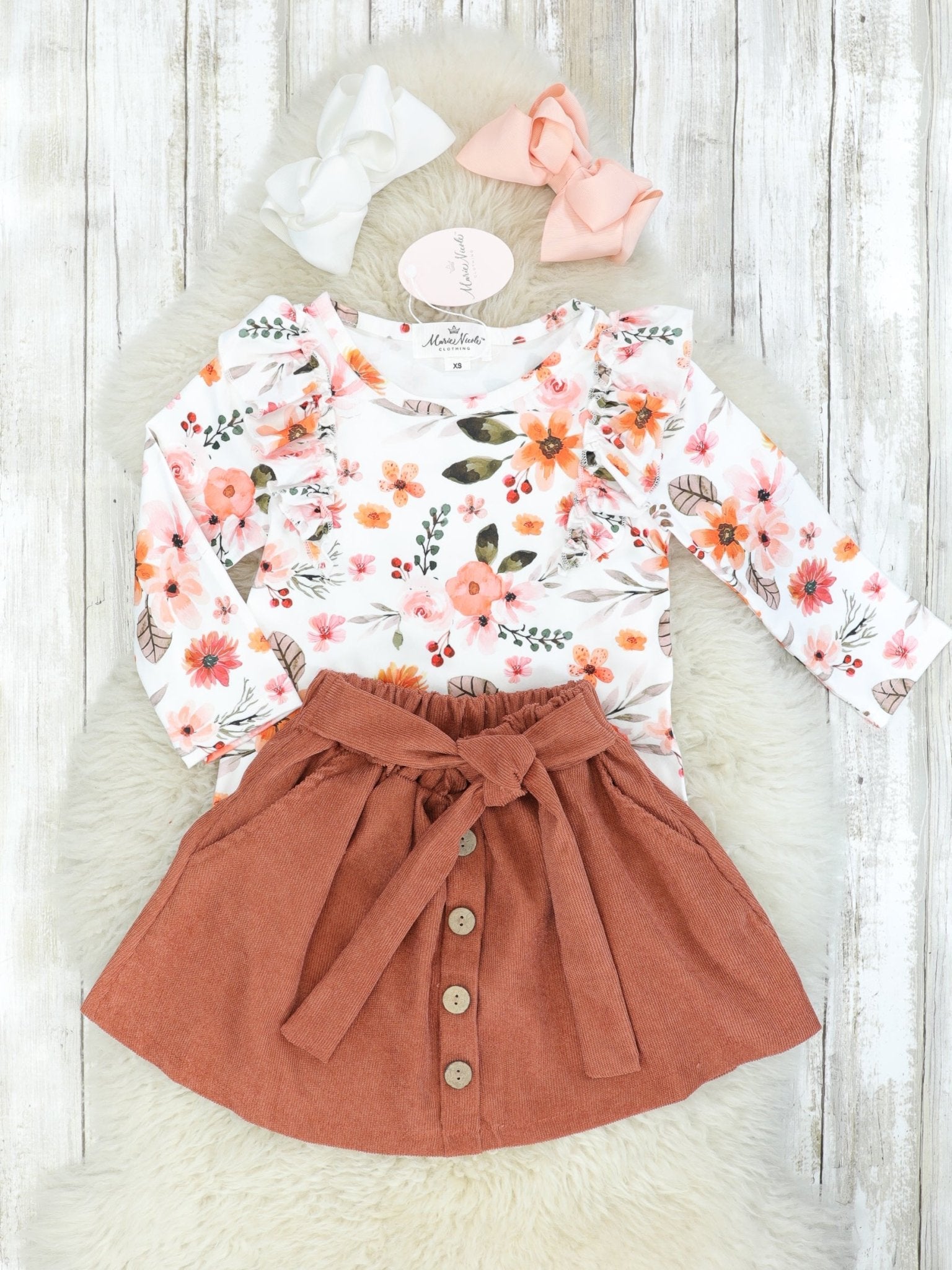 Fall Watercolor Floral Ruffle Top & Rusty Brown Skirt - Marie Nicole Clothing