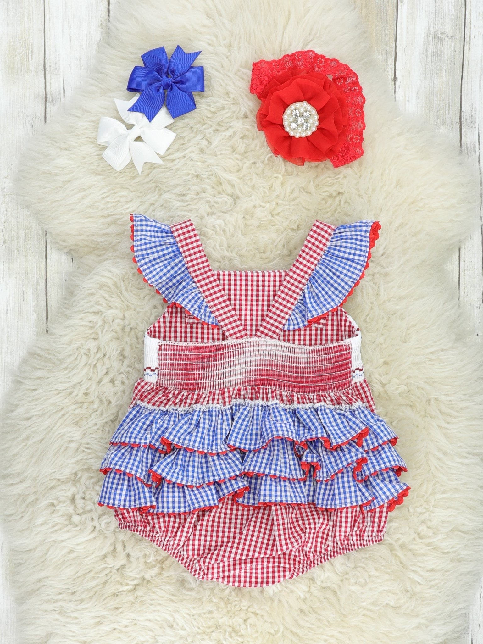 Red Gingham American Heart Smocked Bubble Romper - Marie Nicole Clothing