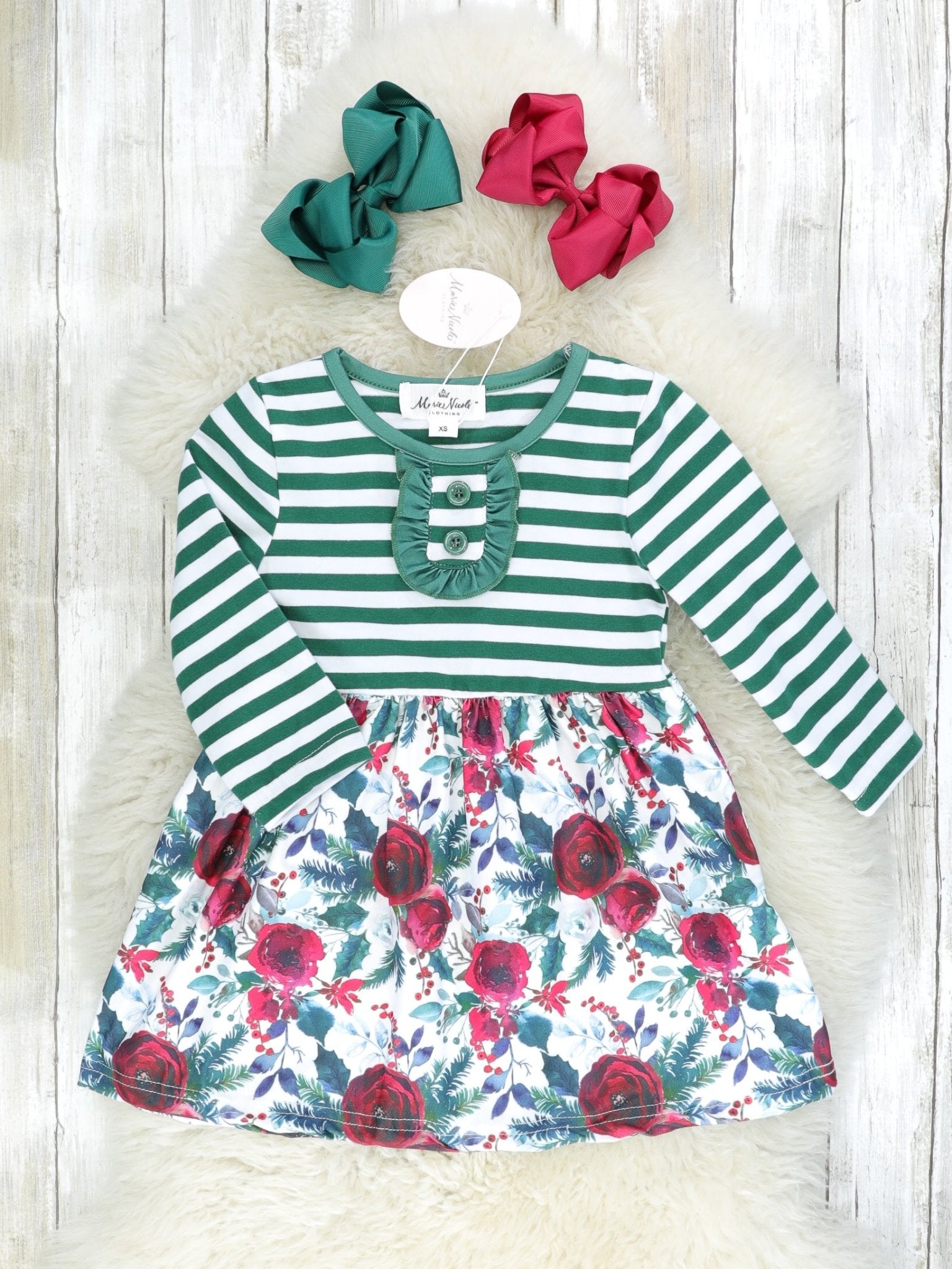 Burgundy & Forest Green Floral Dress - Marie Nicole Clothing