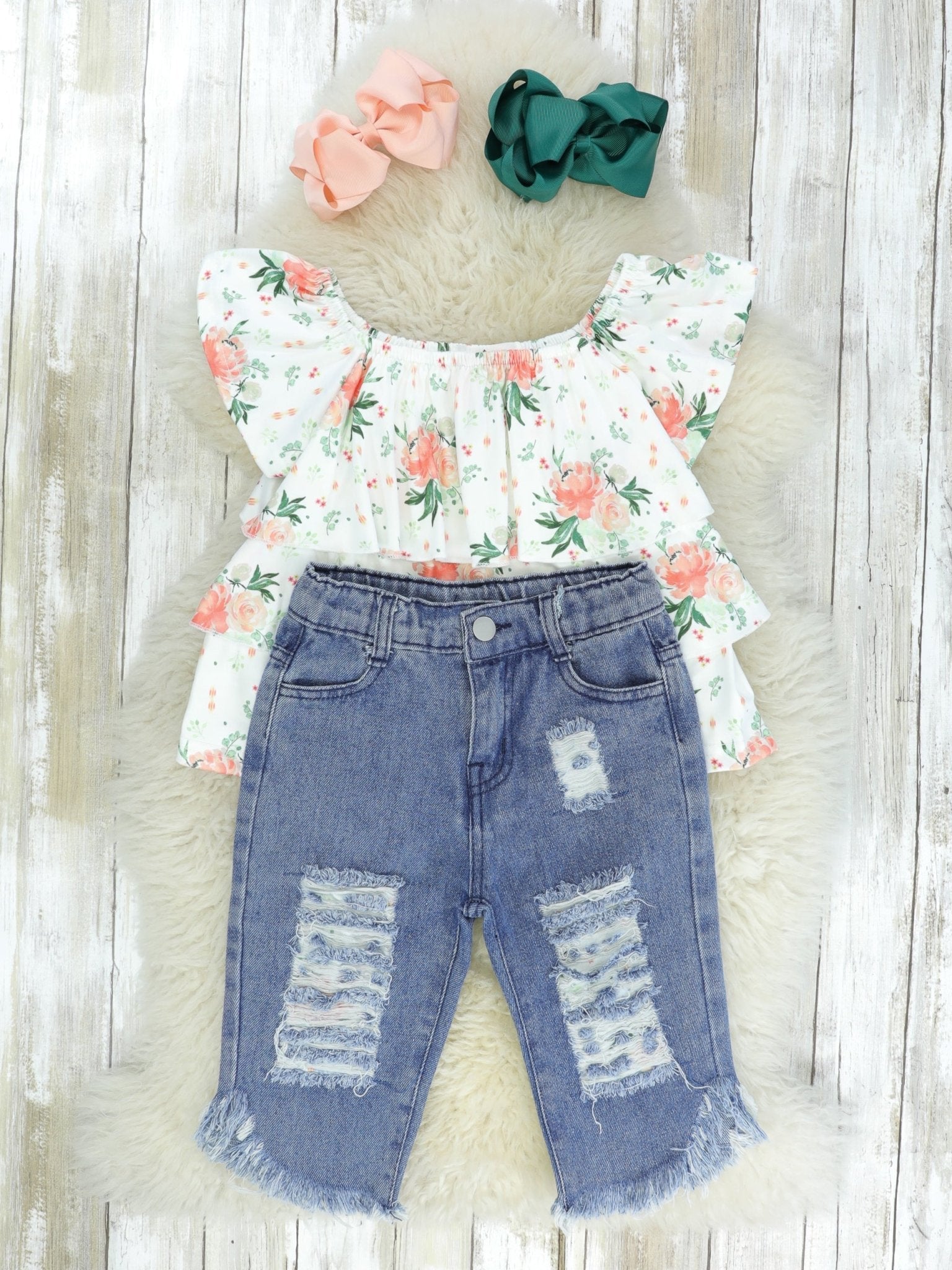 Peachy Tiered Ruffle Top & Distressed Denim Outfit - Marie Nicole Clothing