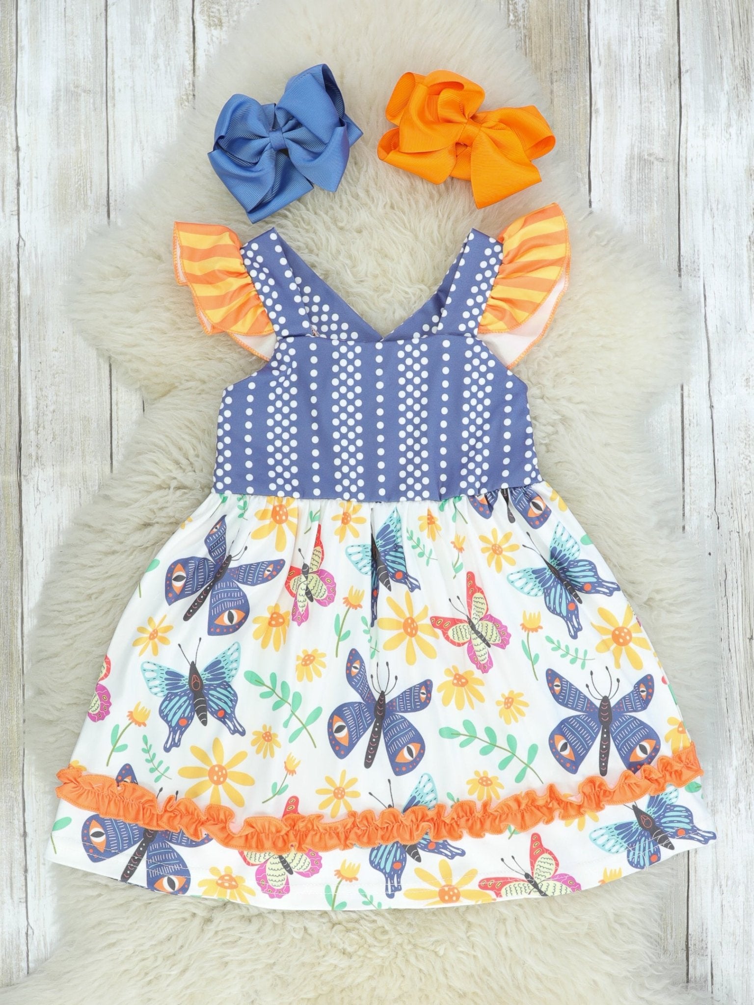 Navy Polka Dot Butterfly Ruffle Dress - Marie Nicole Clothing