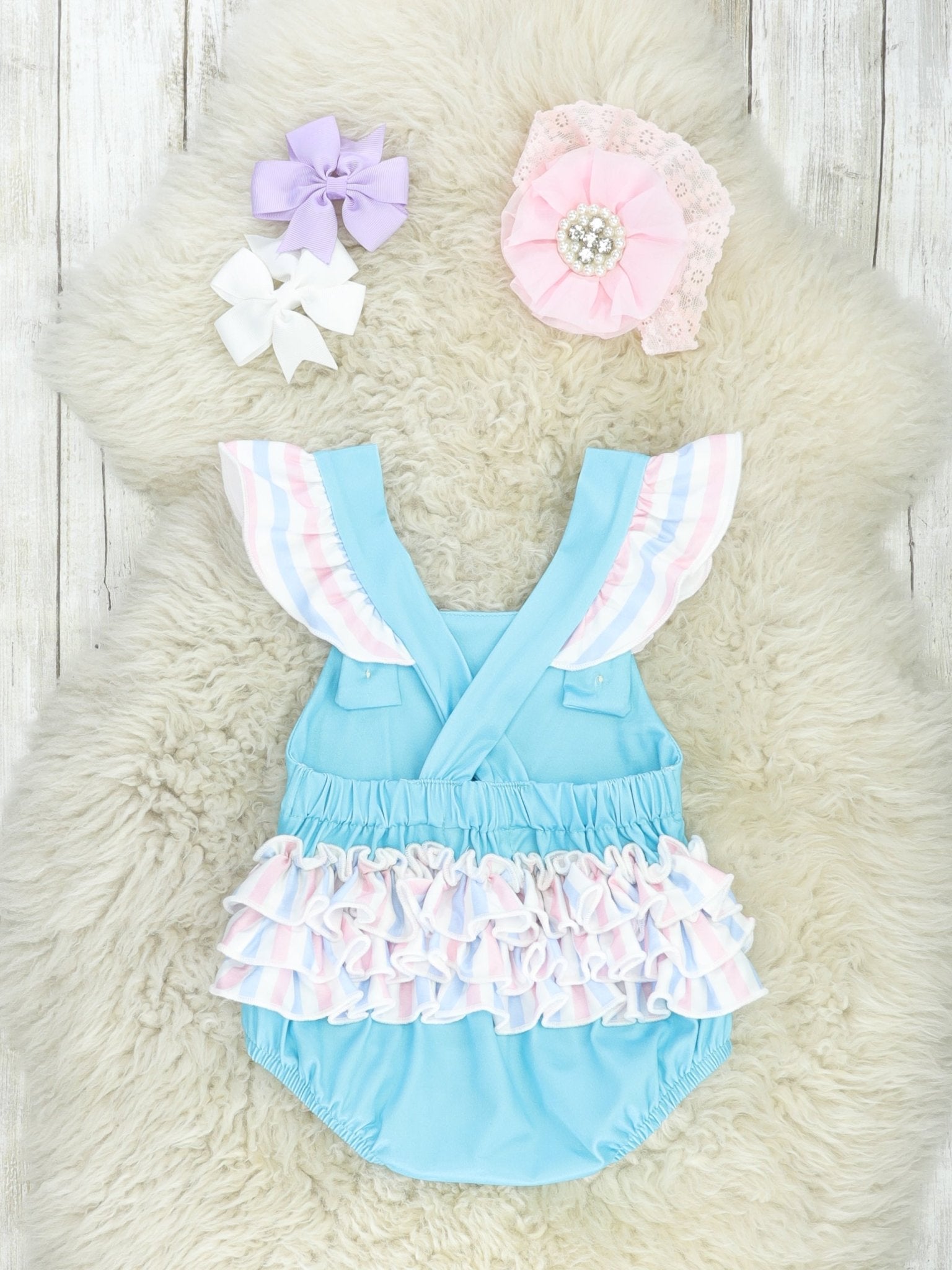 Blue Striped Sailboat Ruffle Bubble Romper - Marie Nicole Clothing