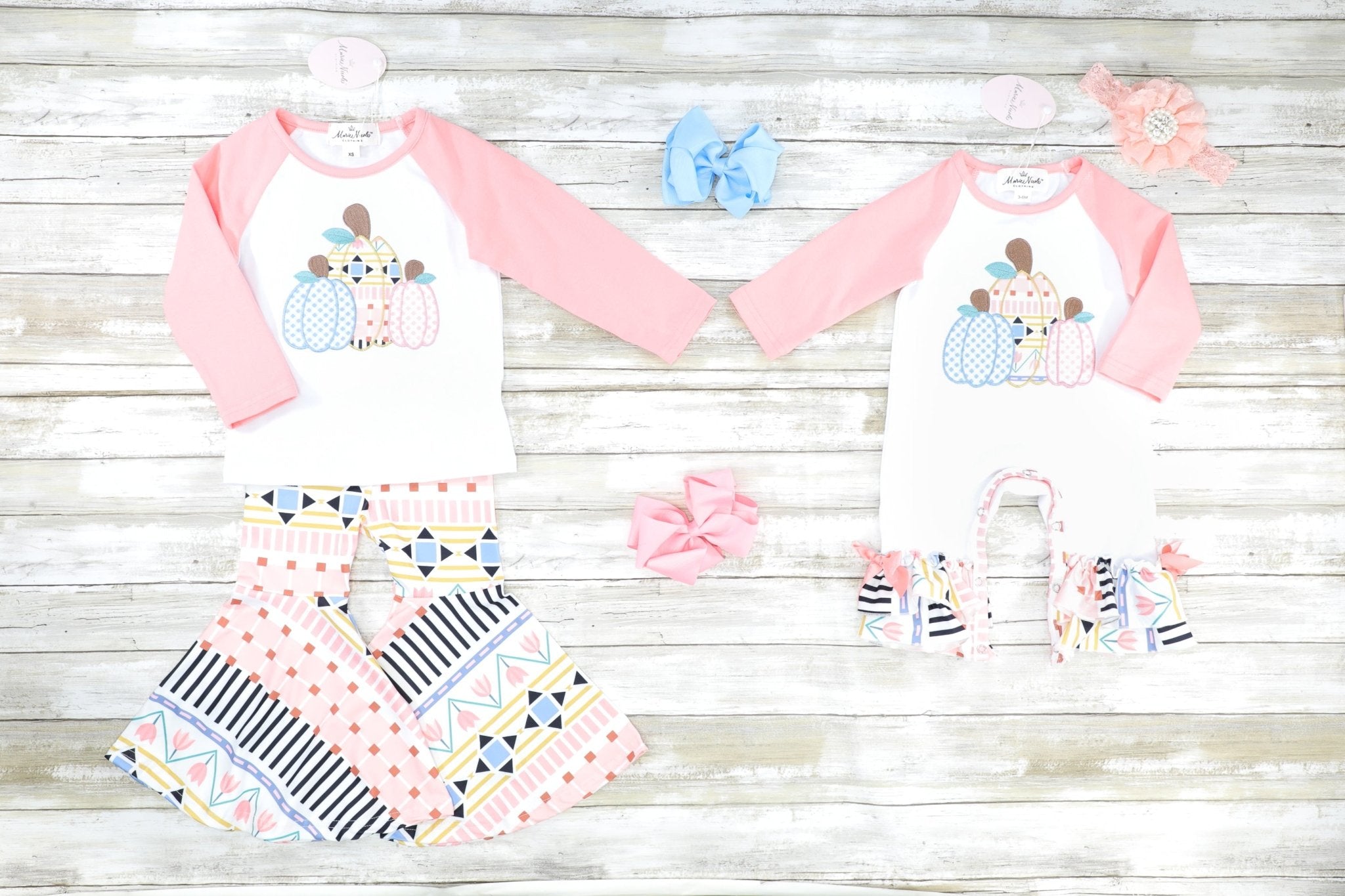 Pink Geometric Pumpkin Ruffle Romper - Marie Nicole Clothing