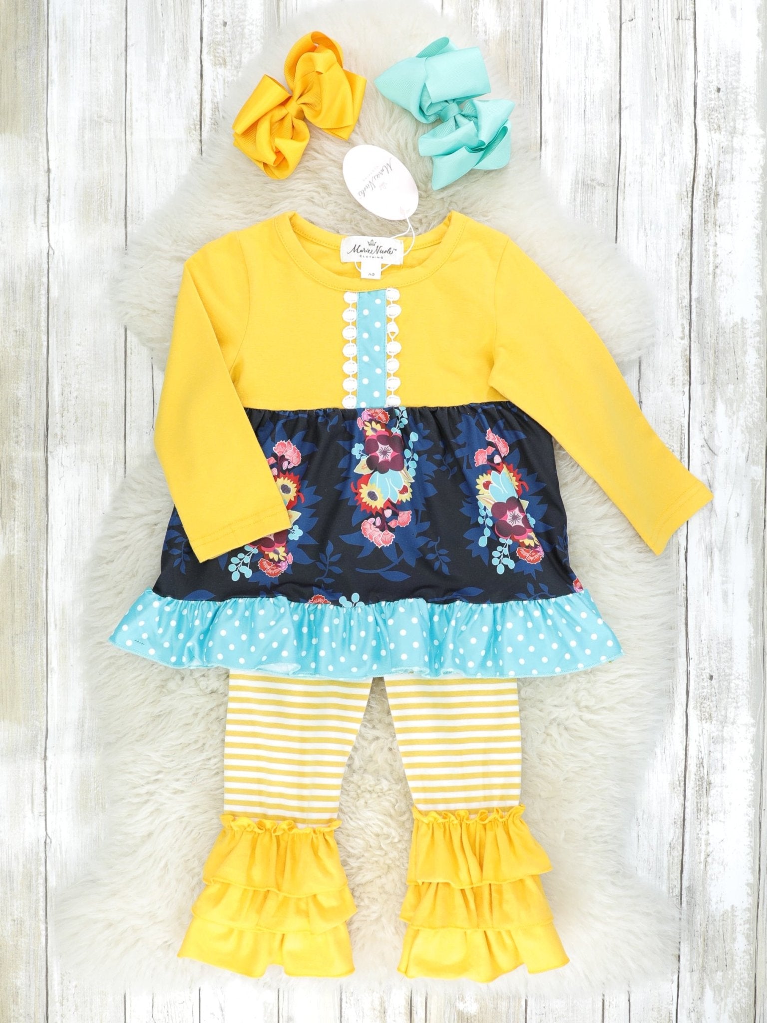 Yellow & Blue Floral Ruffle Outfit - Marie Nicole Clothing