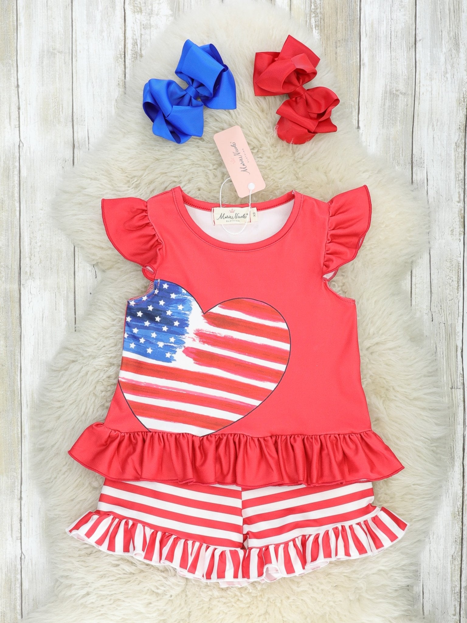 Patriotic Stripe Heart Ruffle Outfit - Marie Nicole Clothing