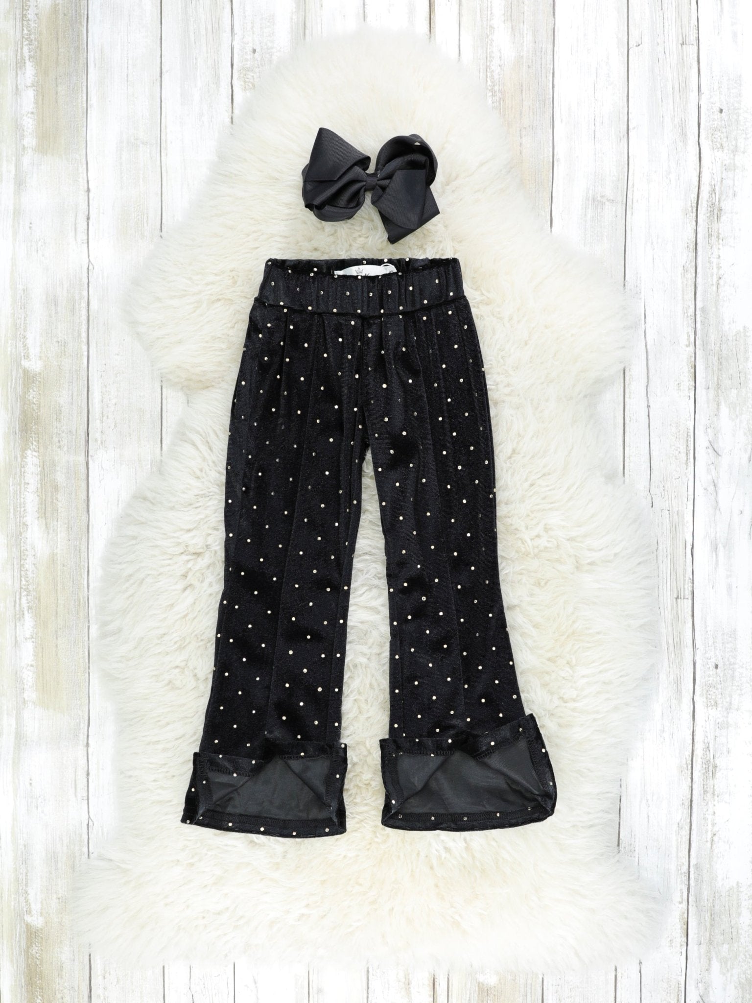 Black Polka Dotted Split Hem Velvet Bell Bottoms - Marie Nicole Clothing