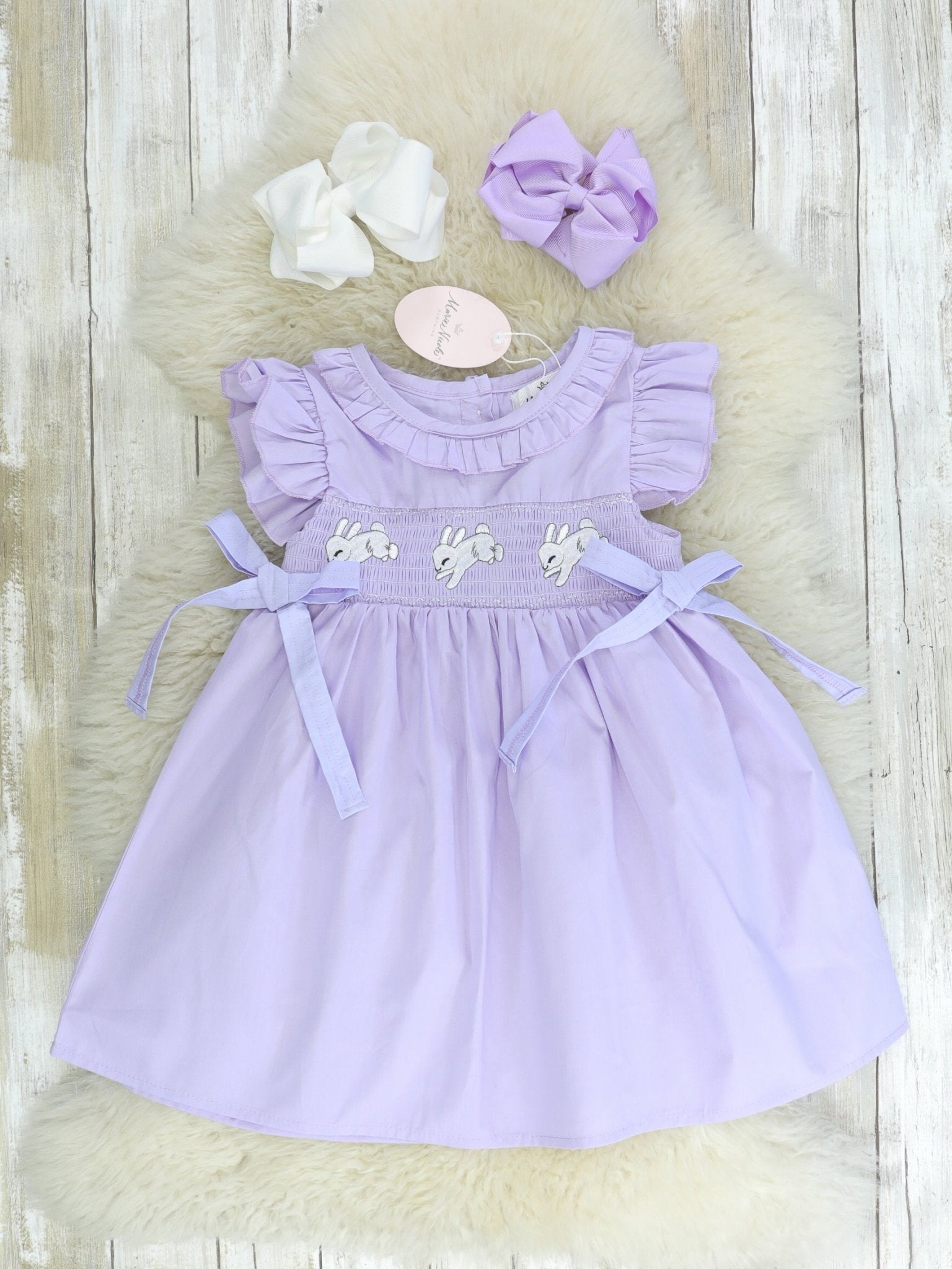 Purple Easter Bunny Smocked Ruffle Dress - Marie Nicole Clothing