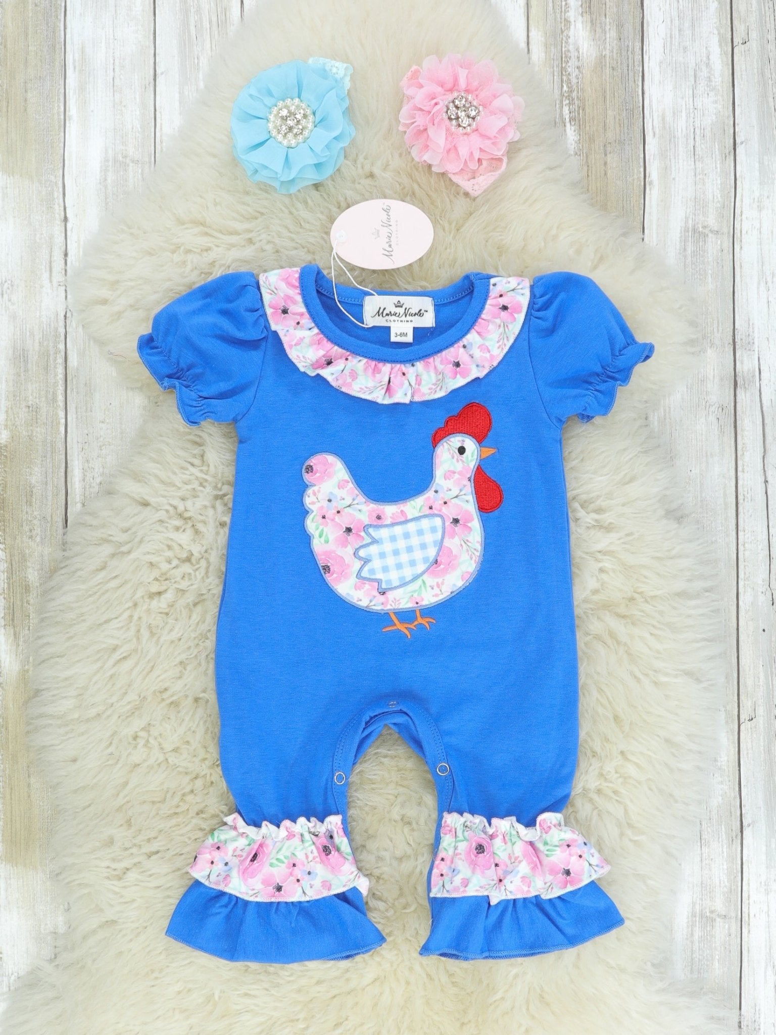 Blue Spring Chicken Ruffle Romper - Marie Nicole Clothing