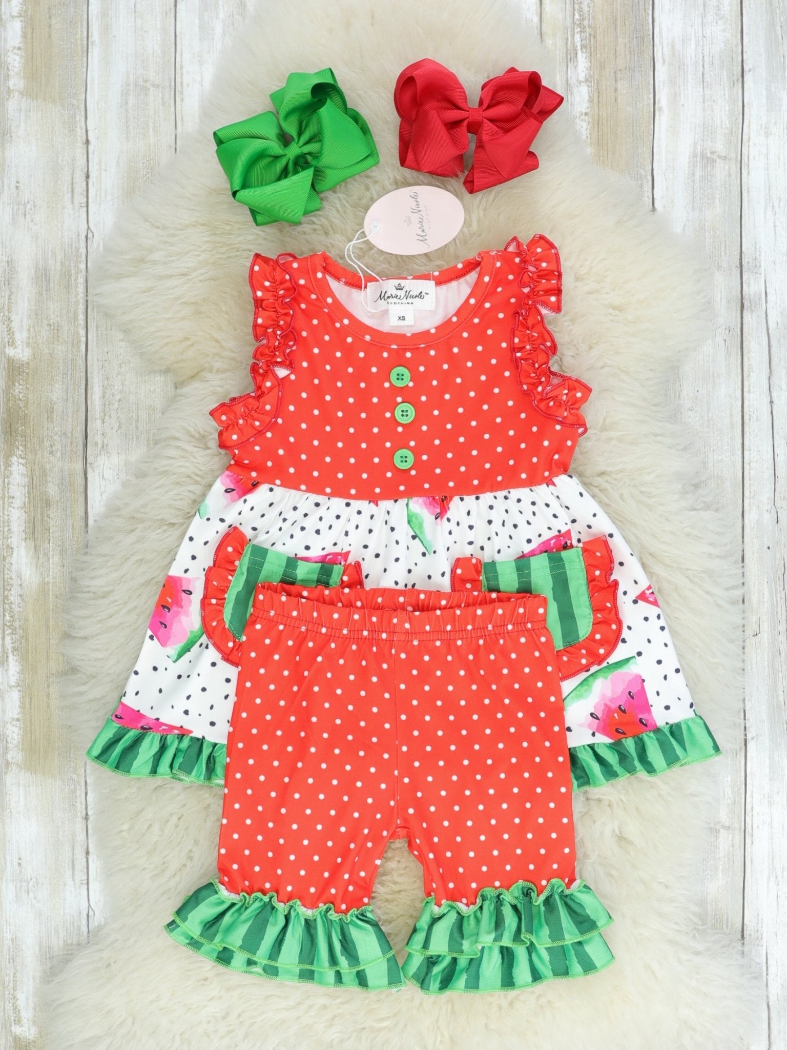 Watermelon Polka Dot Ruffle Shorts Outfit - Marie Nicole Clothing