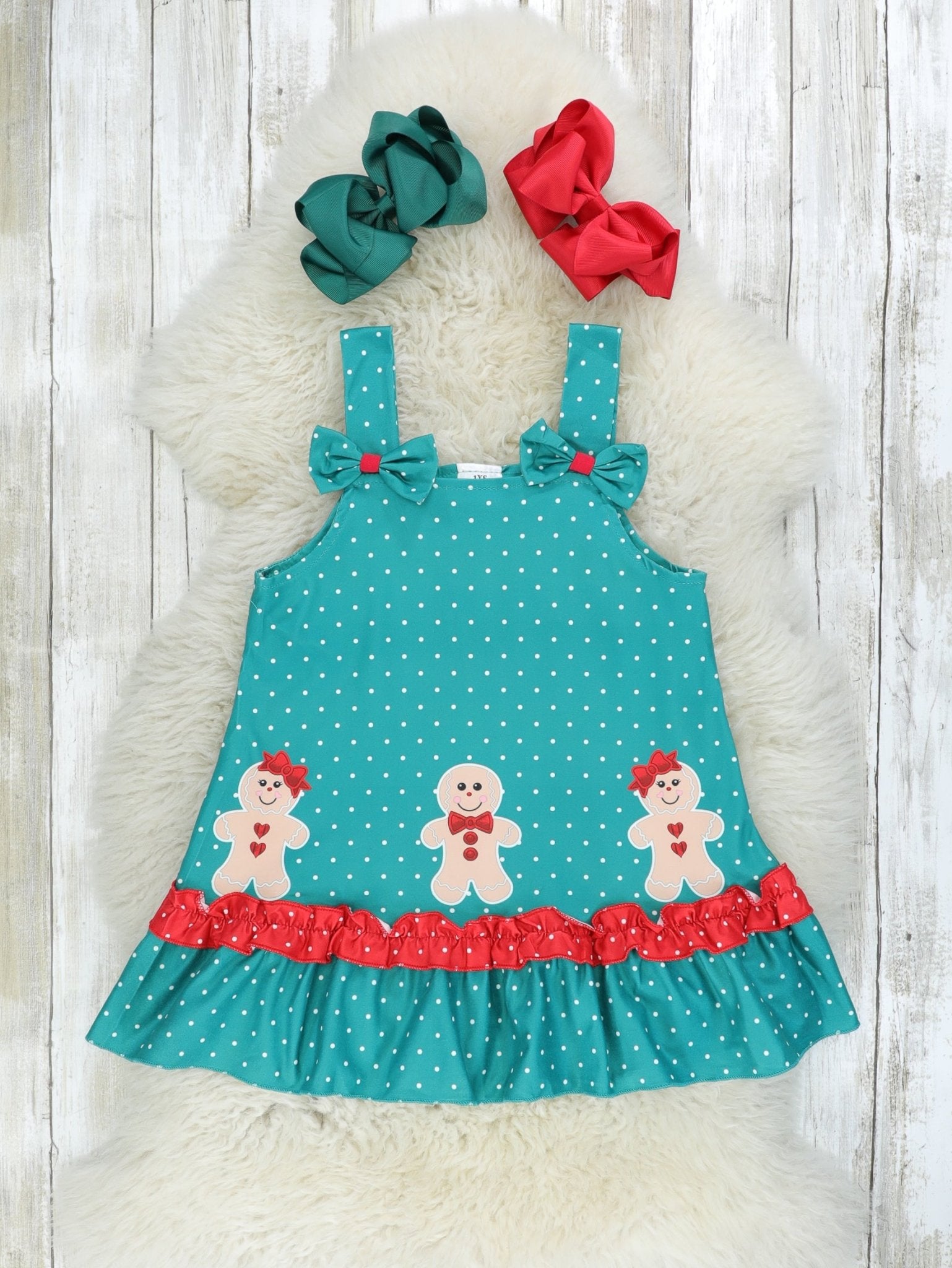 Teal Polka Dot Gingerbread Ruffle Overall Set - Marie Nicole Clothing