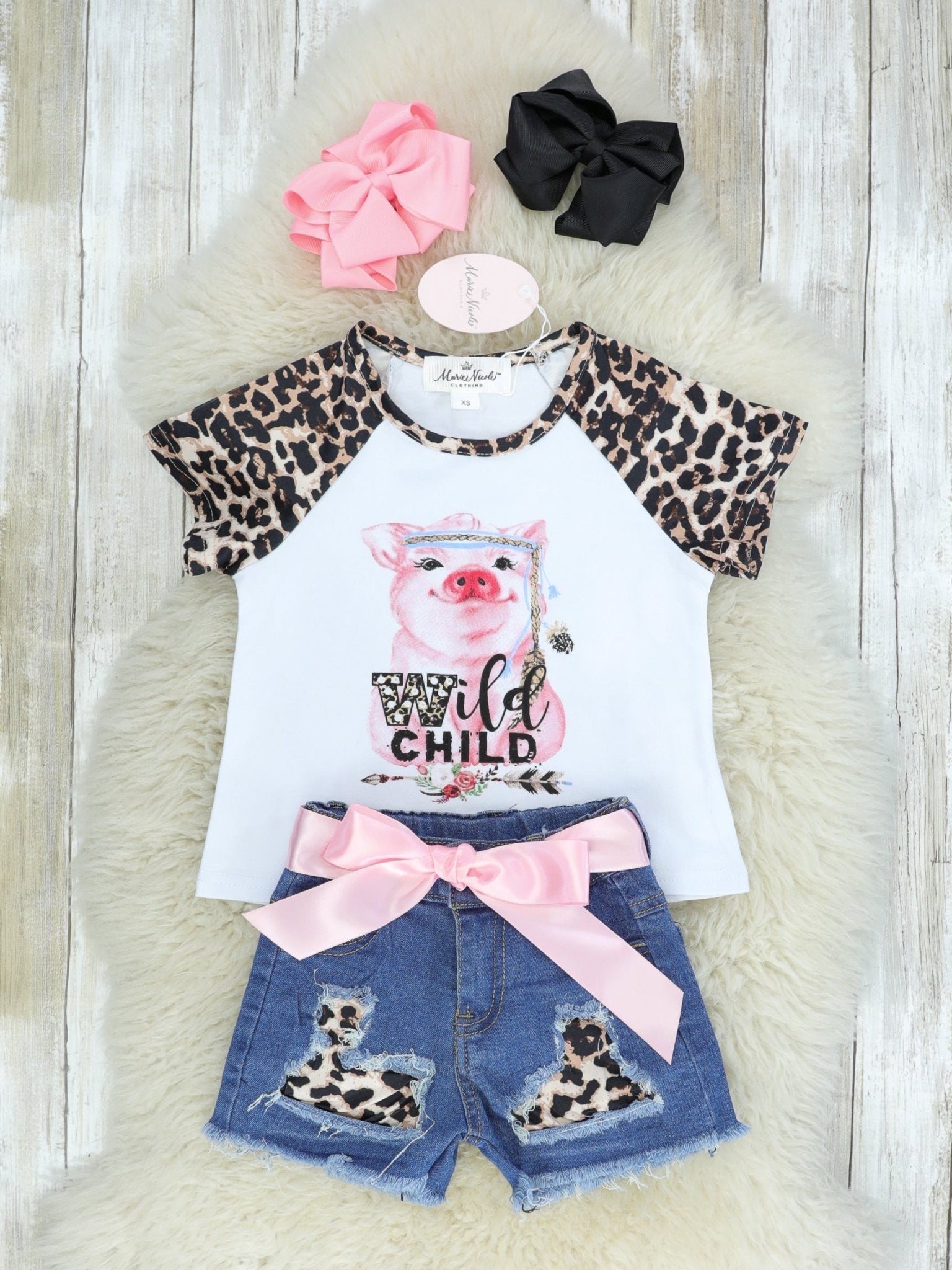 "Wild Child" Pig Distressed Denim Outfit - Marie Nicole Clothing