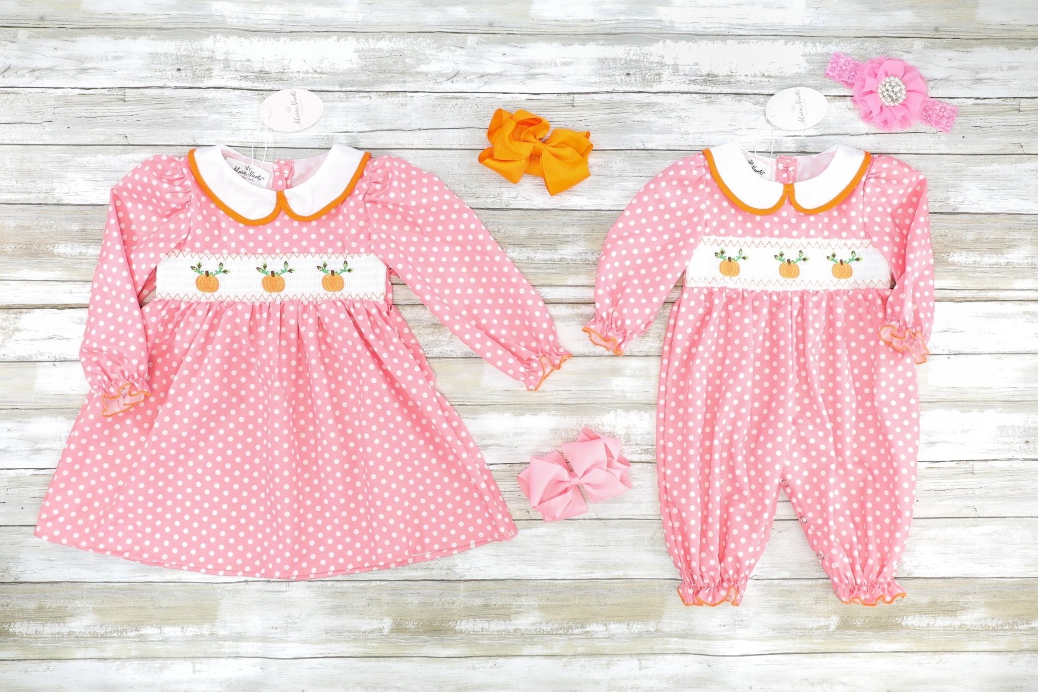 Pink Polka Dotted Smocked Pumpkin Romper - Marie Nicole Clothing