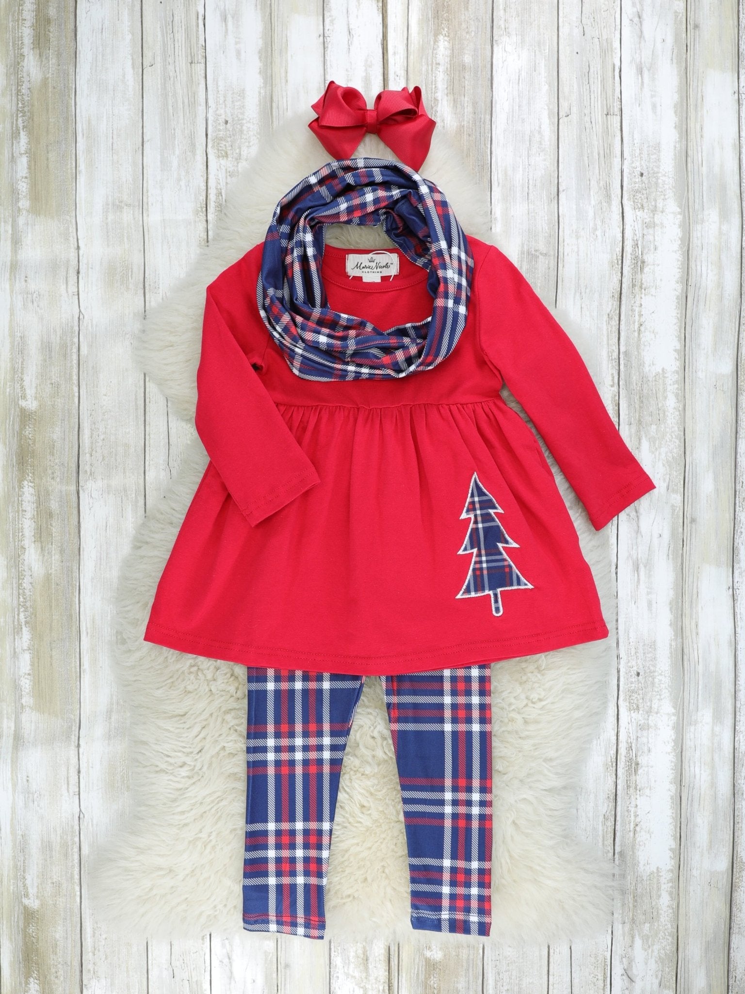 Red & Blue Plaid Christmas Tree 3 - Piece Outfit - Marie Nicole Clothing