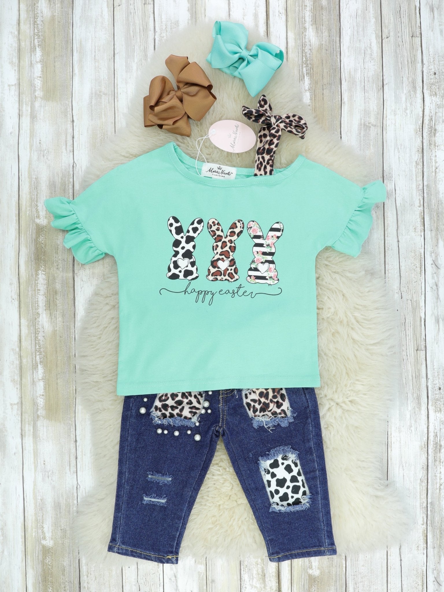 Mint Leopard Bunnies Ruffle Denim Outfit - Marie Nicole Clothing