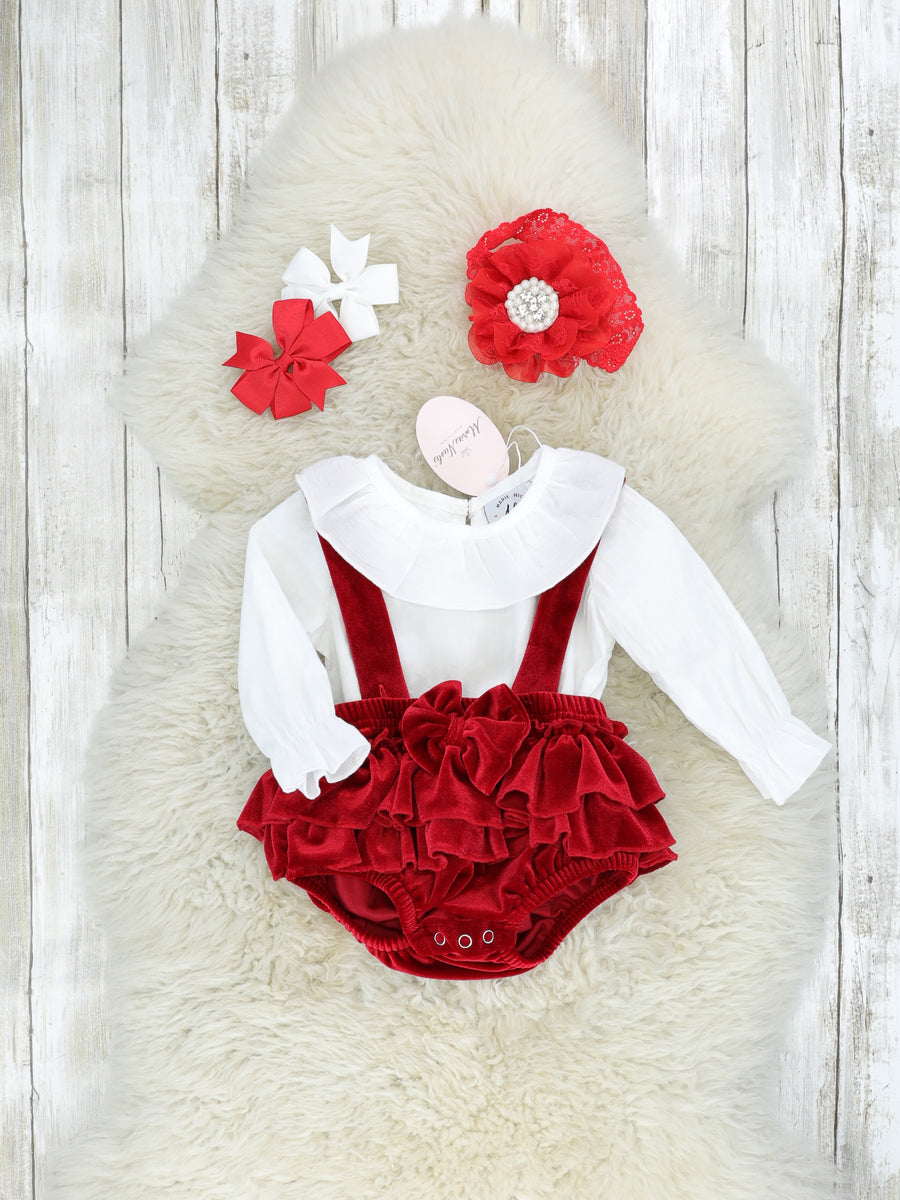White Top & Ruby Velvet Ruffle Overall Set – Marie Nicole Clothing
