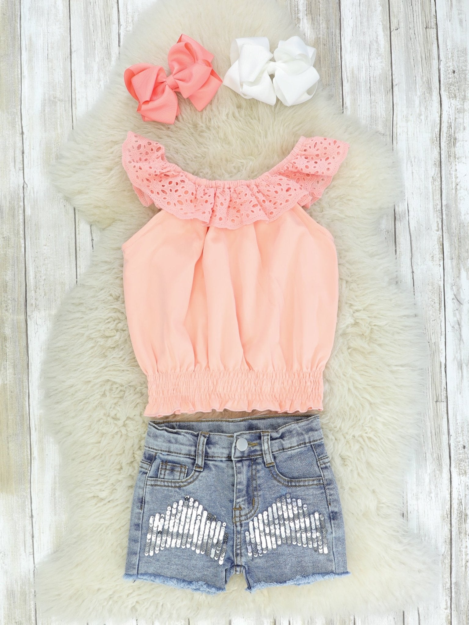 Coral Lace Tank & Denim Shorts Outfit - Marie Nicole Clothing