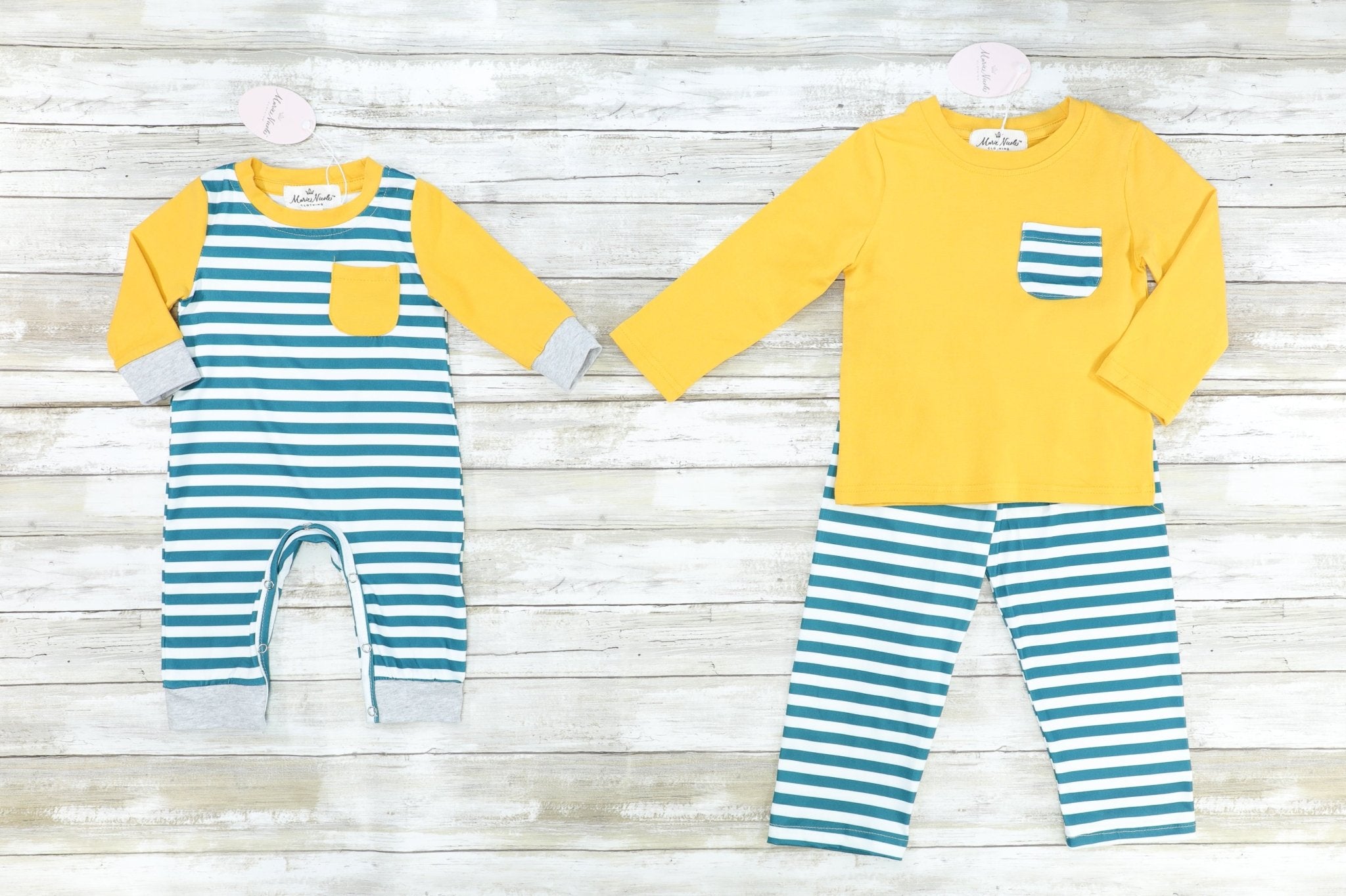 Yellow Pocket Long Sleeve Striped Romper - Marie Nicole Clothing