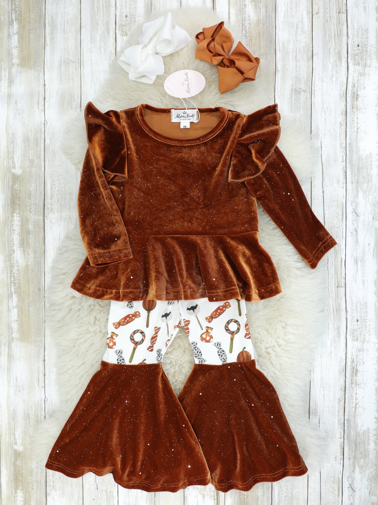Brown Velvet Top & Orange Candies Bell Bottoms Outfit - Marie Nicole Clothing