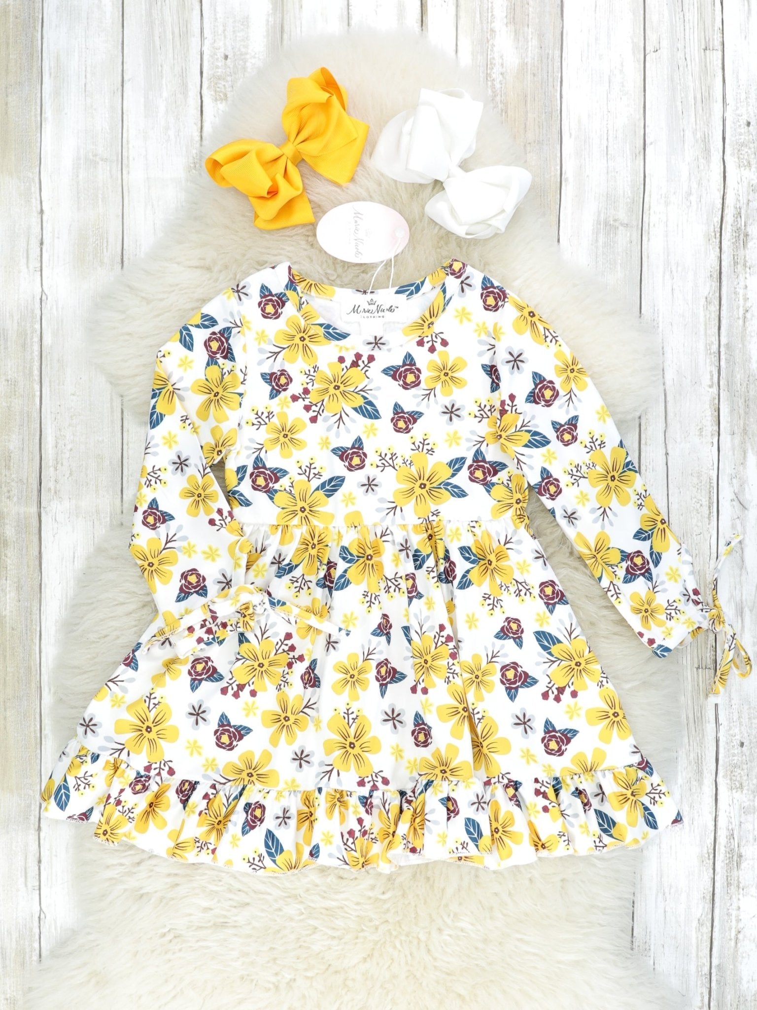 Mustard & Maroon Floral Ruffle Swing Dress - Marie Nicole Clothing
