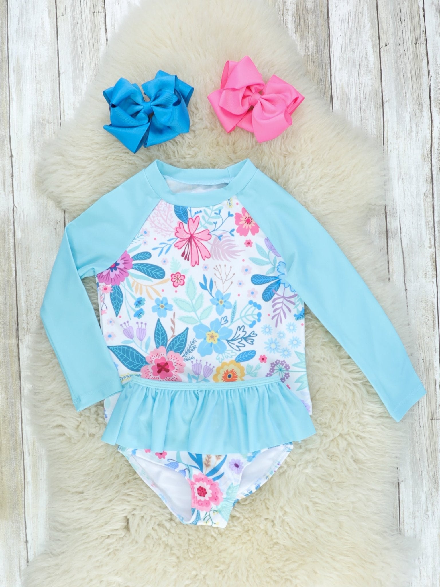 Blue Floral Rash Guard Ruffle Swimsuit - Marie Nicole Clothing