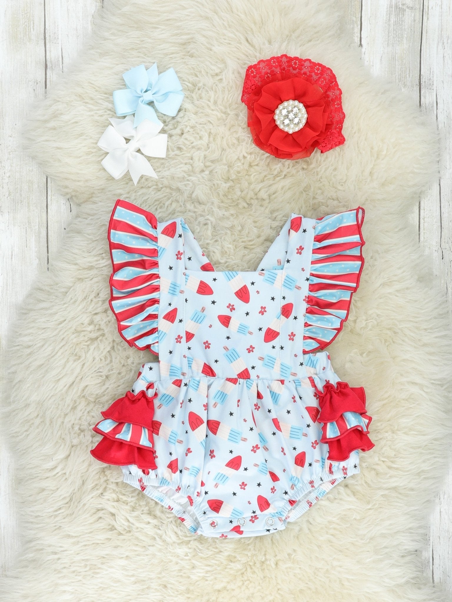 Red, White, & Blue Popsicle Ruffle Bubble Romper - Marie Nicole Clothing