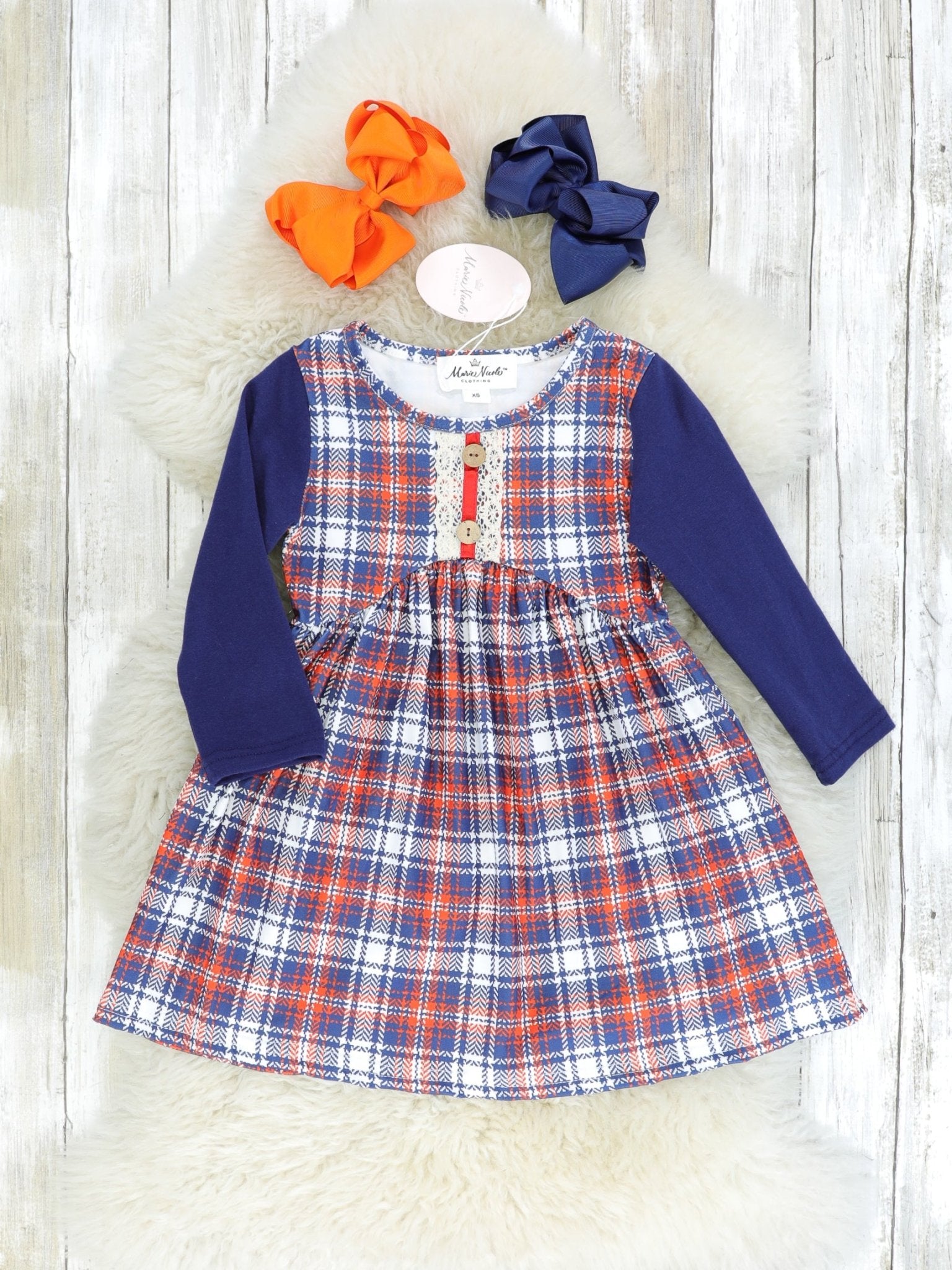 Navy & Orange Plaid Dress - Marie Nicole Clothing