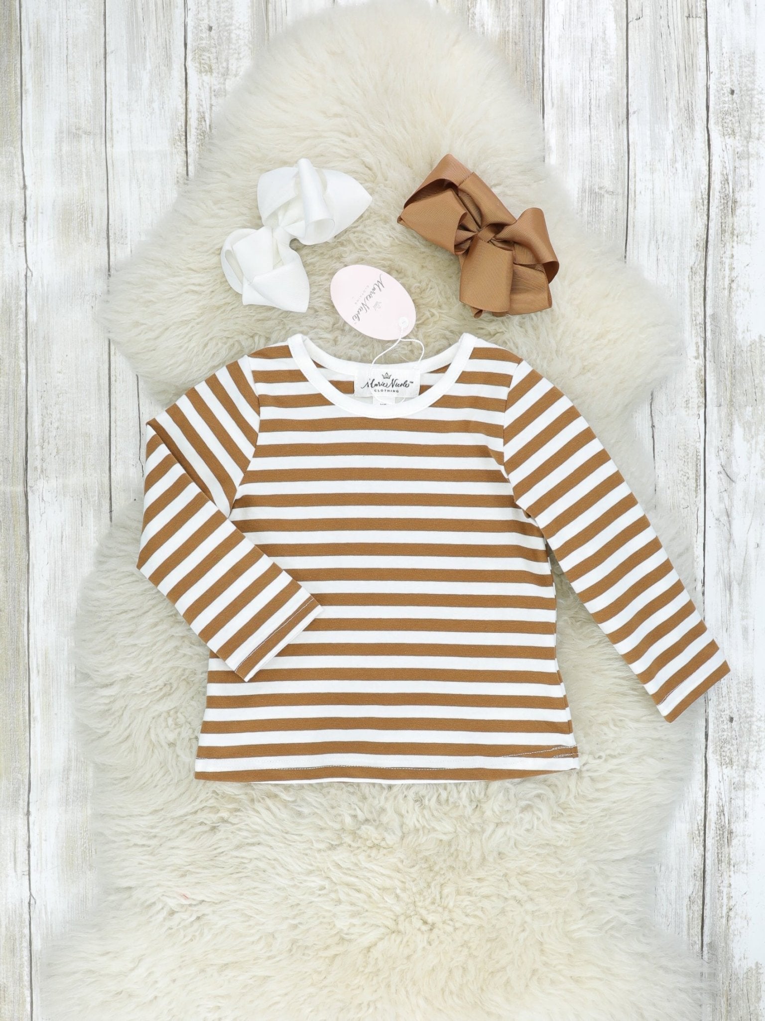 Brown Striped Shirt & Denim Reindeer Overall Dress Set - Marie Nicole Clothing