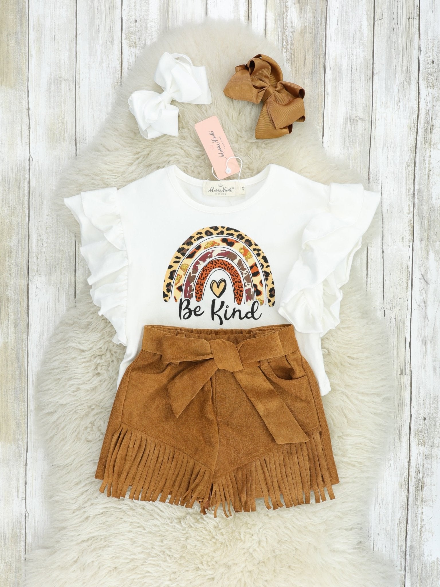 Leopard Rainbow "Be Kind" Top & Suede Fringe Shorts Outfit - Marie Nicole Clothing