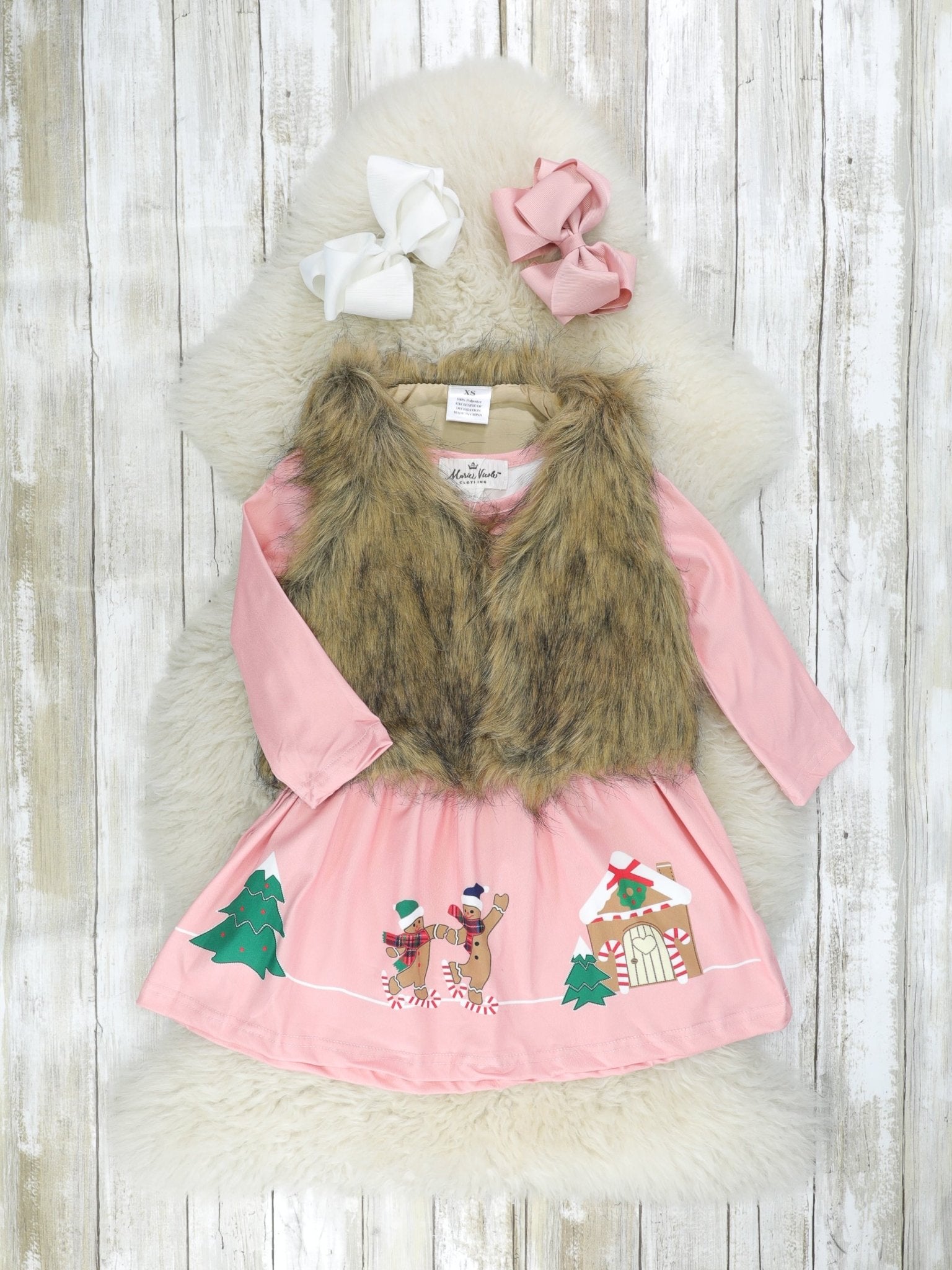 Pink Gingerbread Land Dress W/ Fur Vest - Marie Nicole Clothing