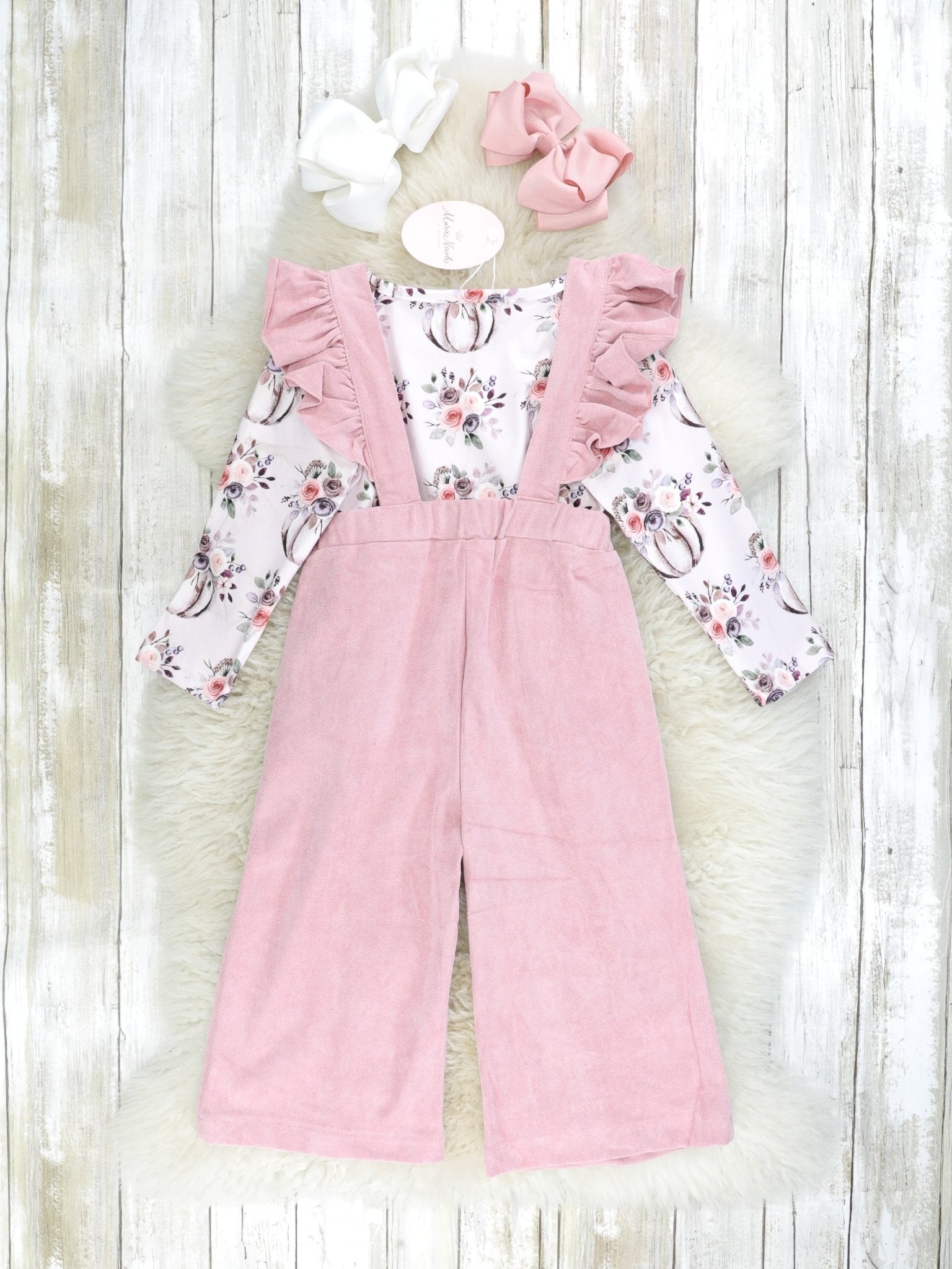 Vintage Floral Pumpkin Top & Pink Suede Ruffle Overall Set - Marie Nicole Clothing