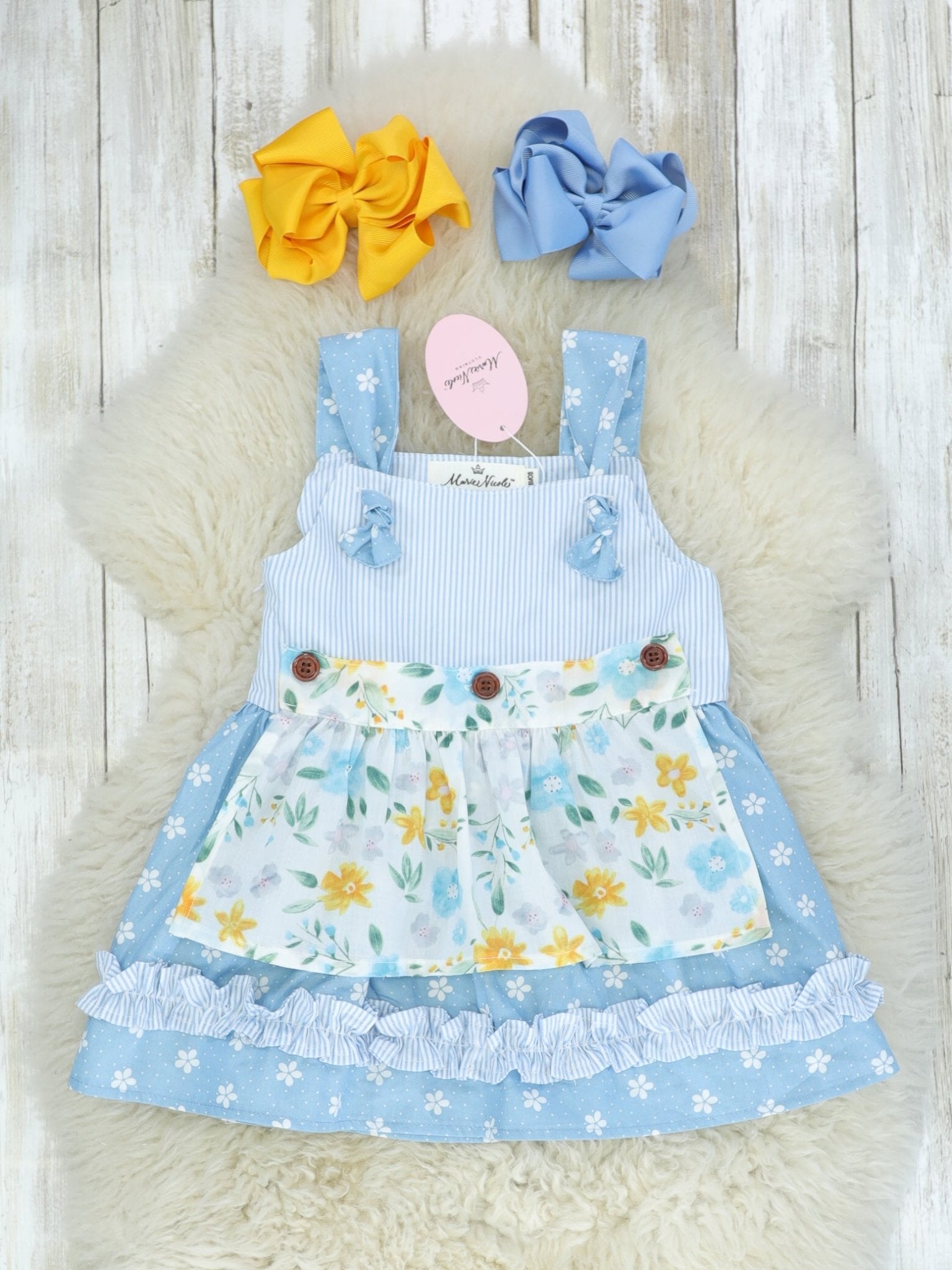 Cornflower Blue Floral Apron Dress - Marie Nicole Clothing