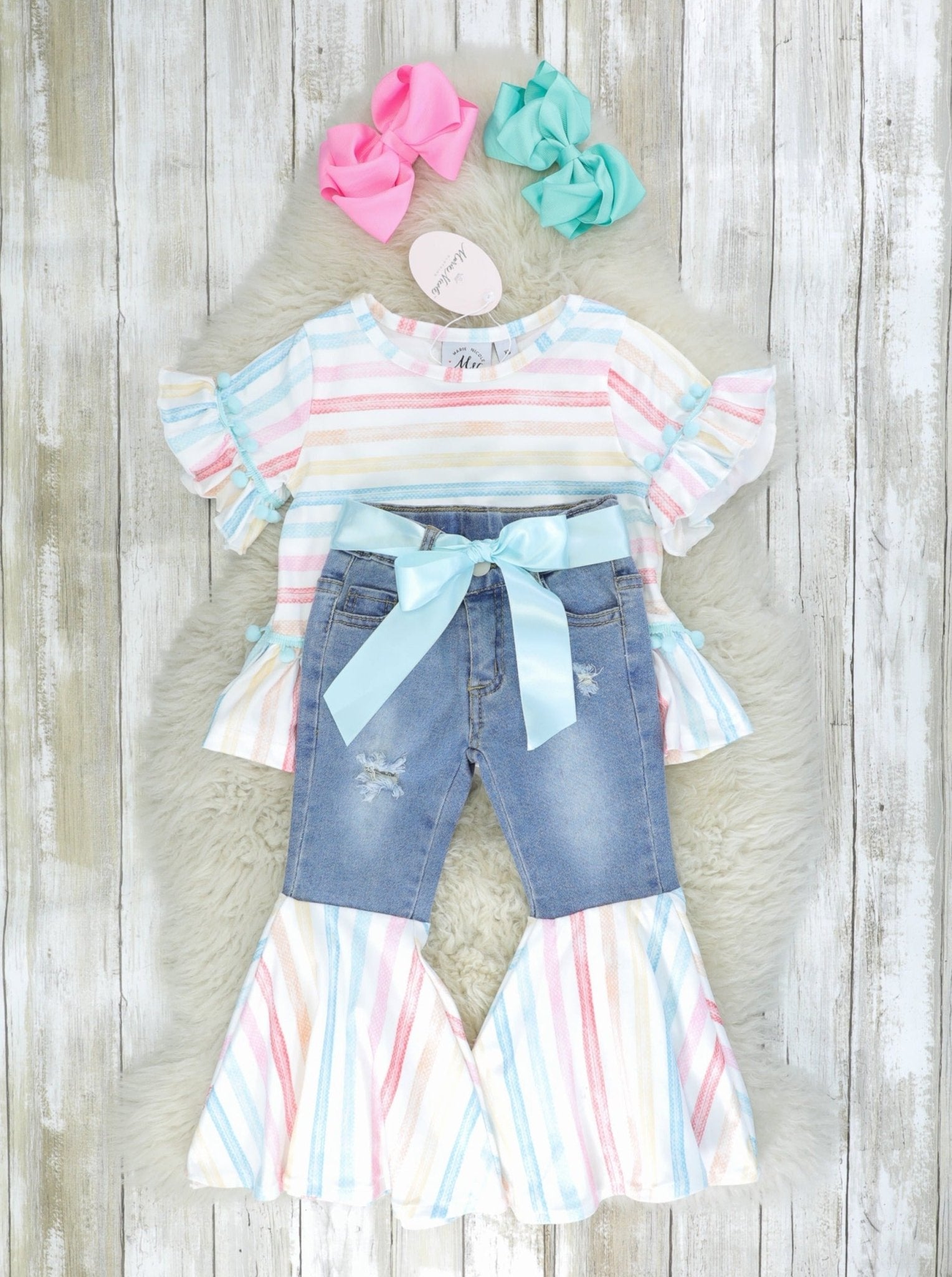 Striped Peplum Top & Denim Bell Bottoms Outfit - Marie Nicole Clothing