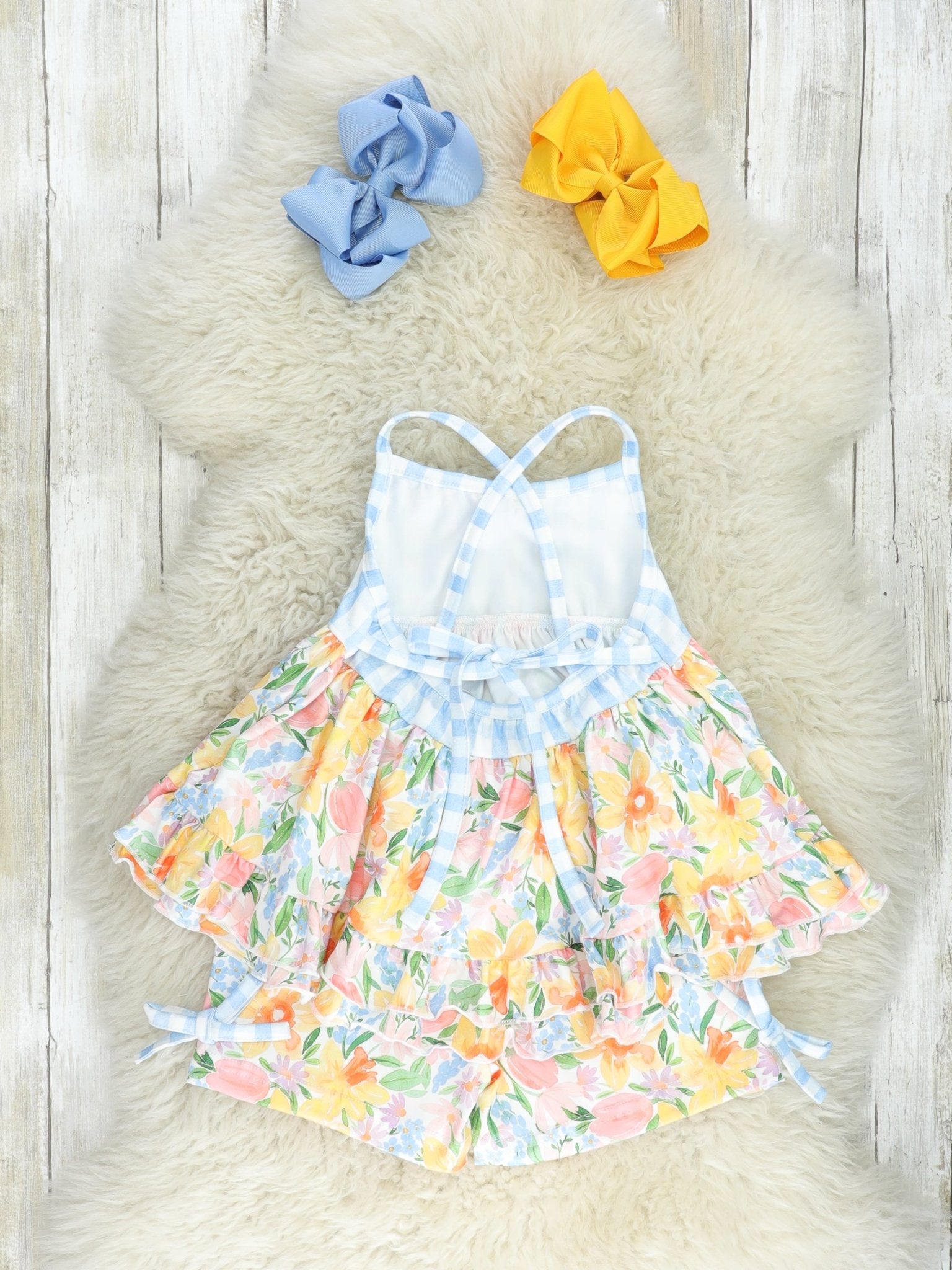 Blue Gingham & Yellow Floral Ruffle Outfit - Marie Nicole Clothing