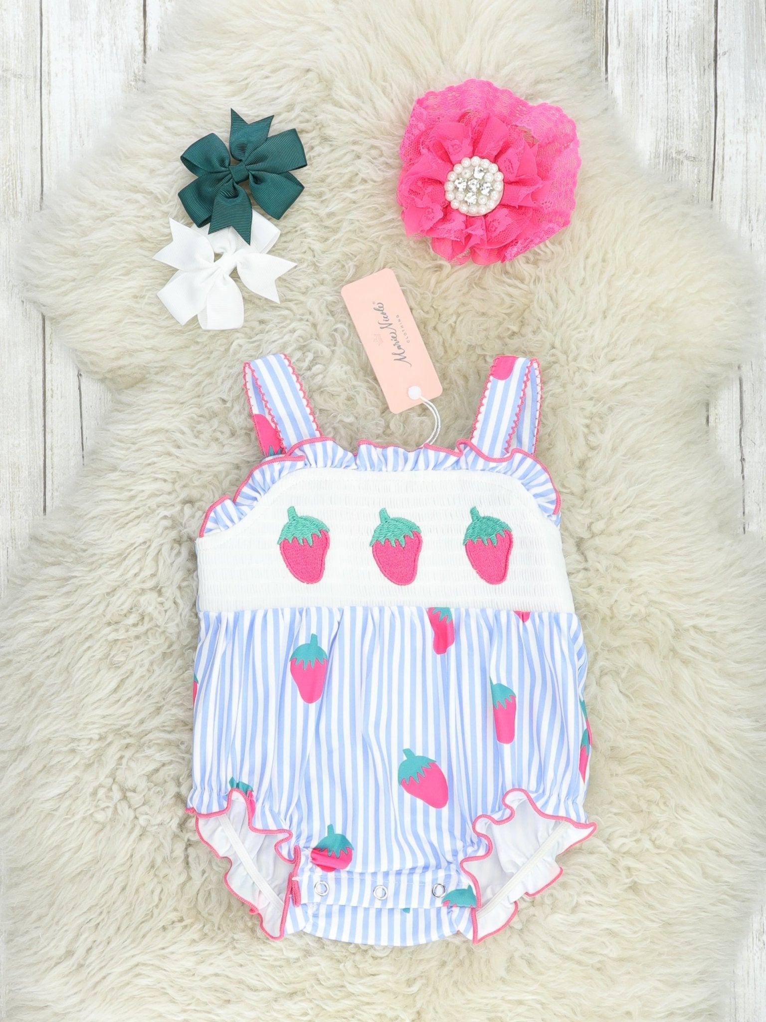 Pinstriped Strawberry Smocked Bubble Romper - Marie Nicole Clothing