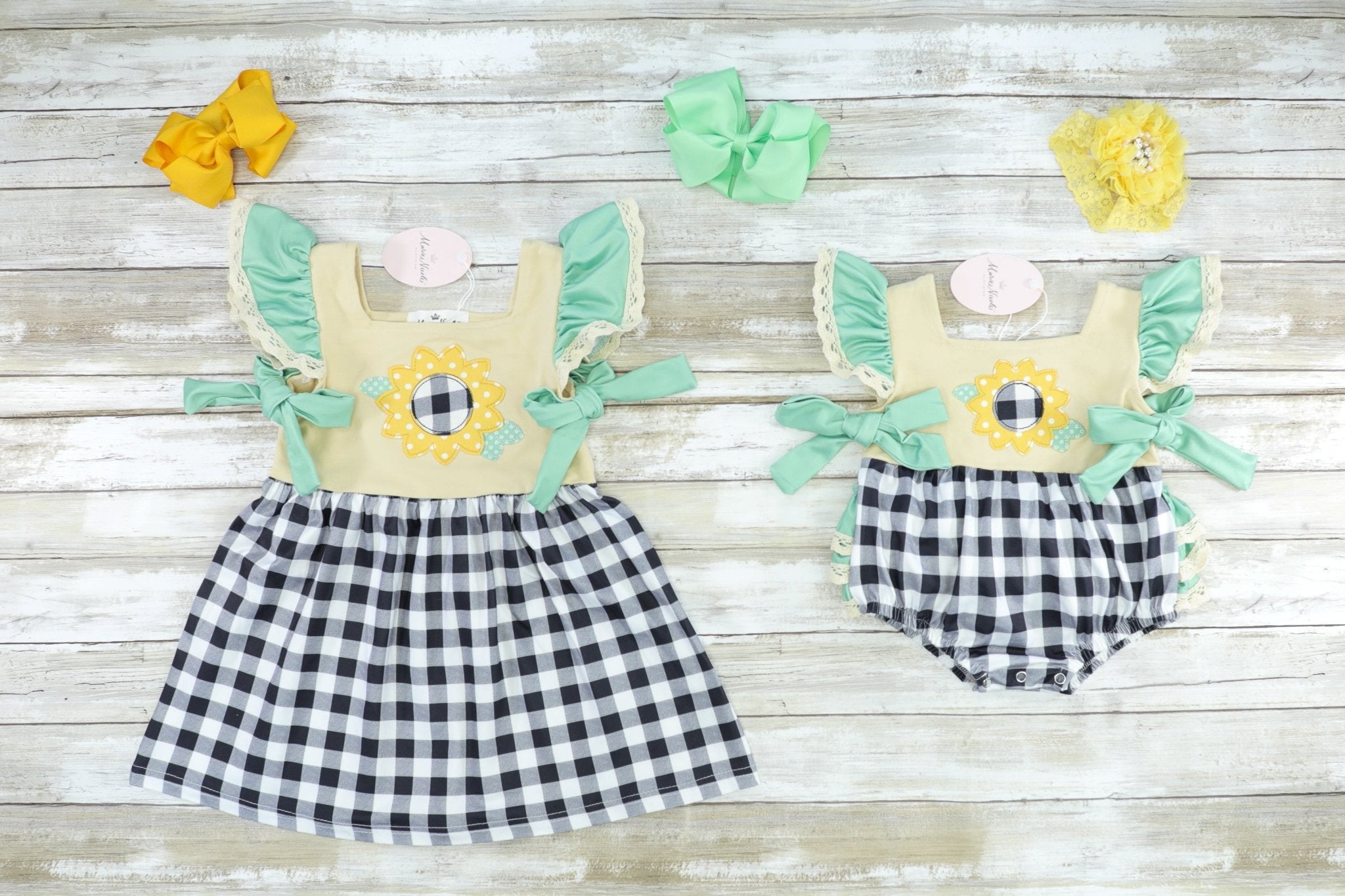 Sunflower Checked Ruffle Bubble Romper - Marie Nicole Clothing