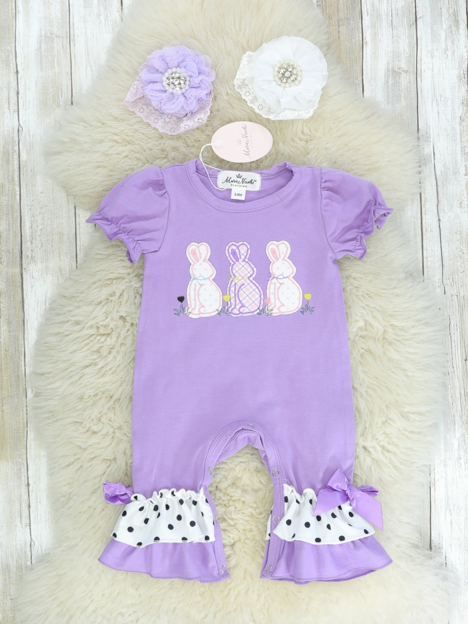 Purple Easter Bunny Ruffle Romper - Marie Nicole Clothing