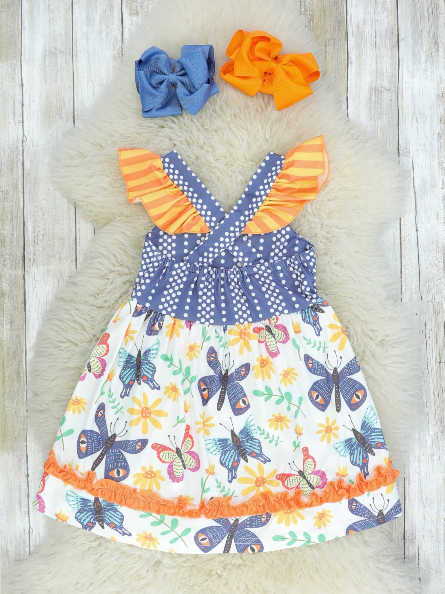 Navy Polka Dot Butterfly Ruffle Dress - Marie Nicole Clothing